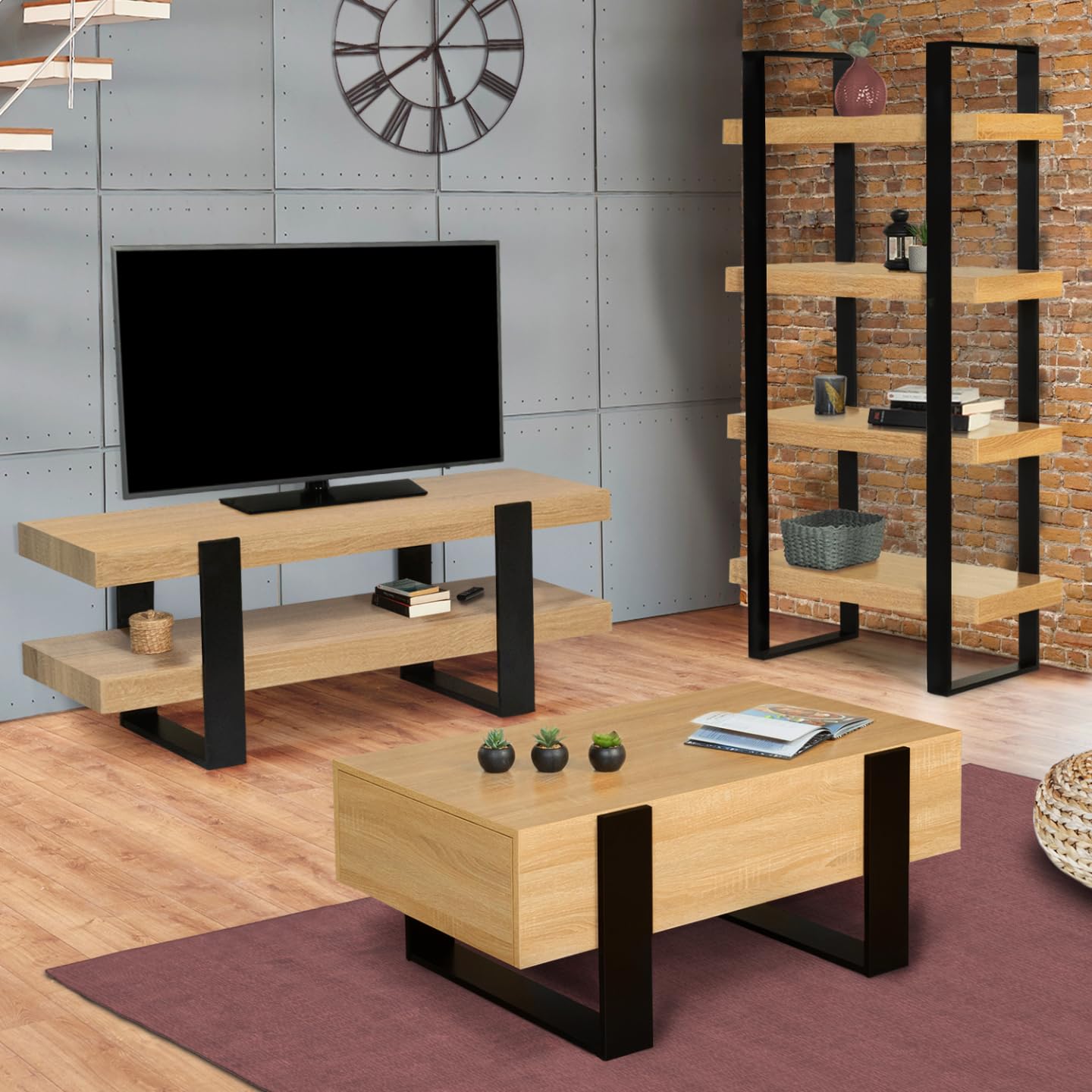 IDMarket - Mesa de centro rectangular Phoenix con cajones 100 cm madera y negro