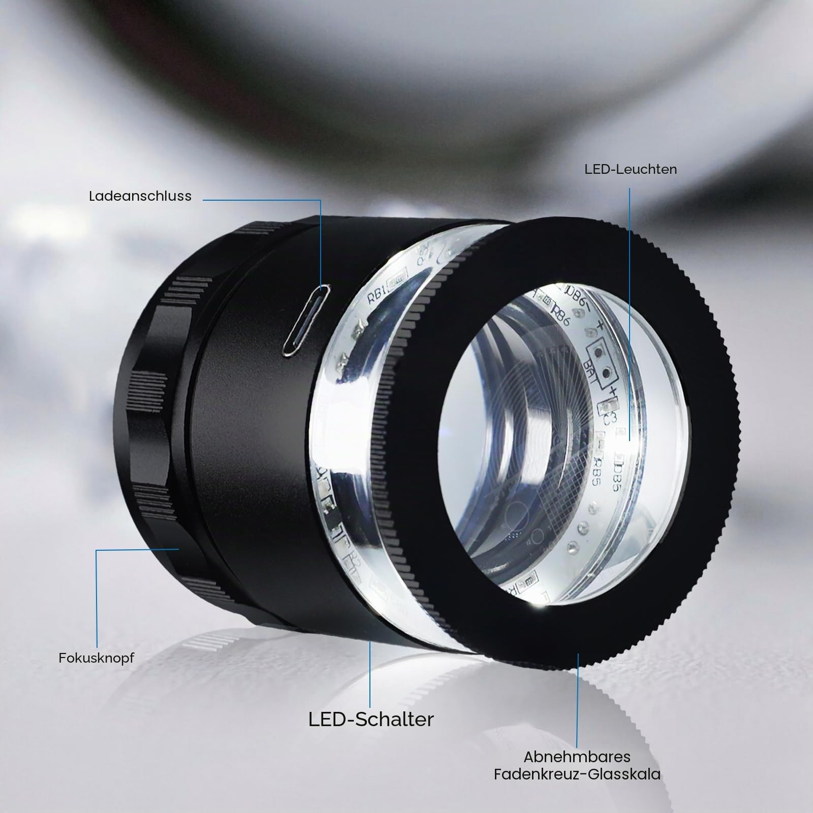 10 x wiederaufladbare Juwelierlupe mit LED-Lichtern und 3 Fadenkreuzskalen, 25 mm Sichtfeld, Verstellbarer Fokus, Augenlupe, LED-Skala, Lupe für Edelsteine, Münzen, Uhren, Briefmarken, Pflanzen