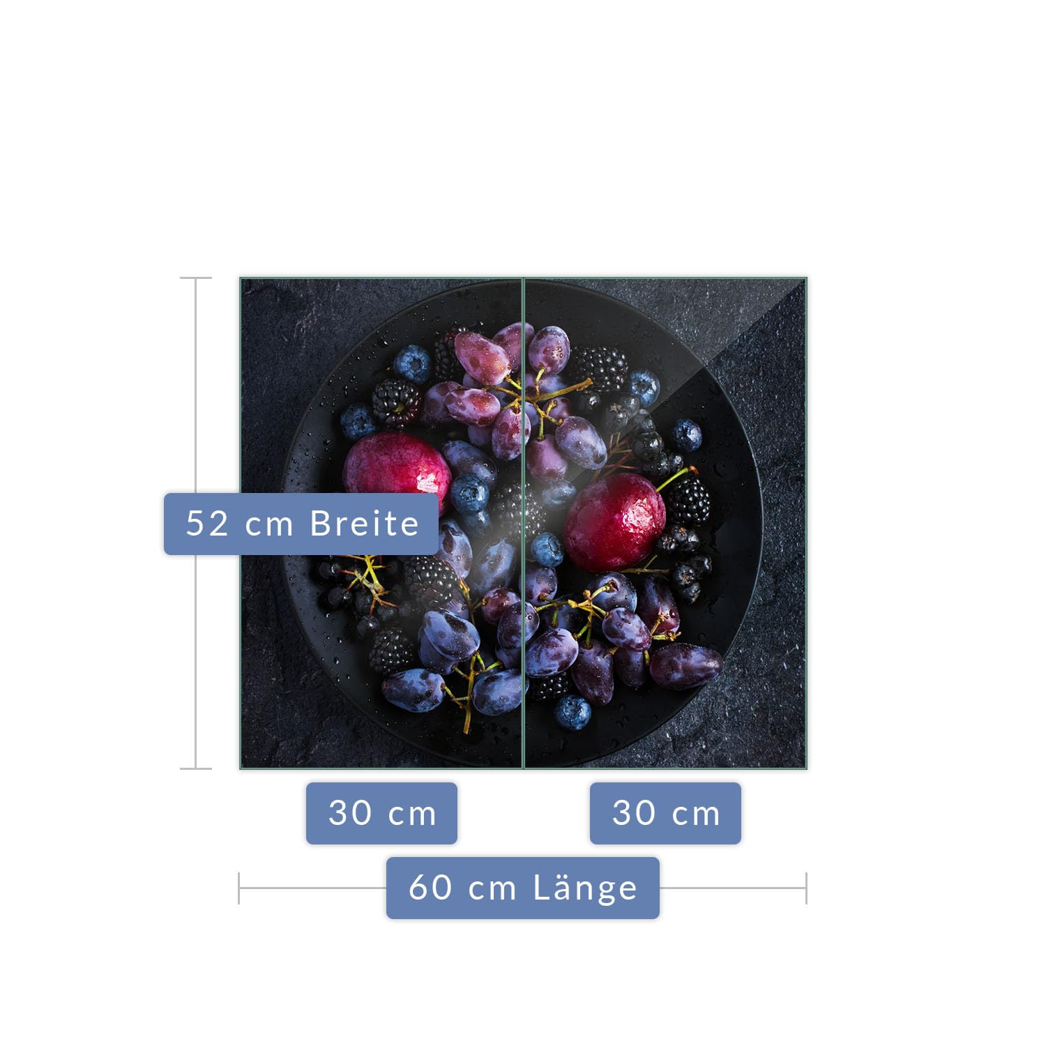 Herdabdeckplatte Abdeckung Ceranfeld Abdeckplatte Schneidebrett 2-Teilig 60x52 Früchte Beeren Violet Spritzschutz Glasplatte Ceranfeldabdeckung Herdschutz Sicherheitsglas Glasschneidebrett 2x30x52