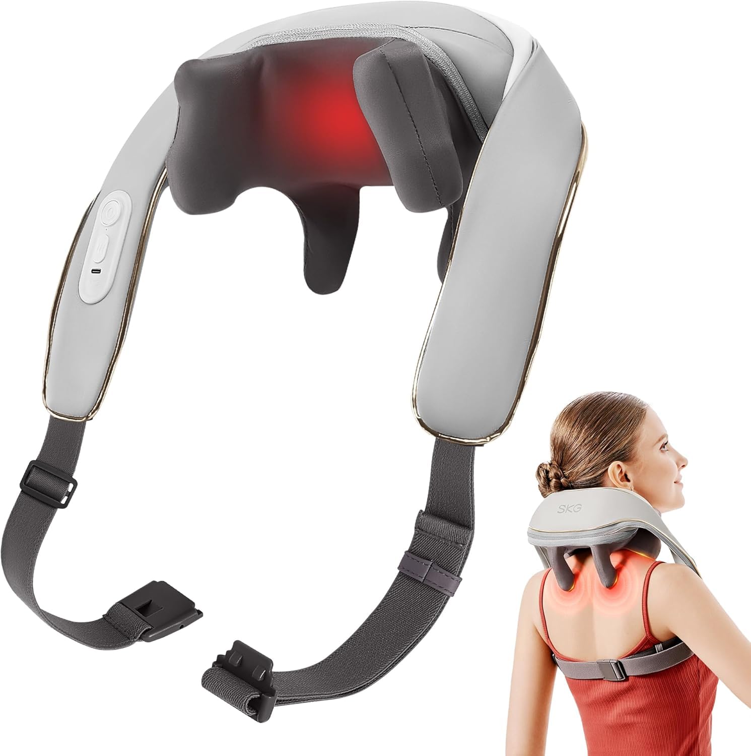 SKG Masajeador de cuello para aliviar el dolor, tejido profundo, masajeador Shiatsu inalámbrico 6D de cuello y hombros con calor para cuello, espalda, hombros, piernas, masaje eléctrico de amasamiento