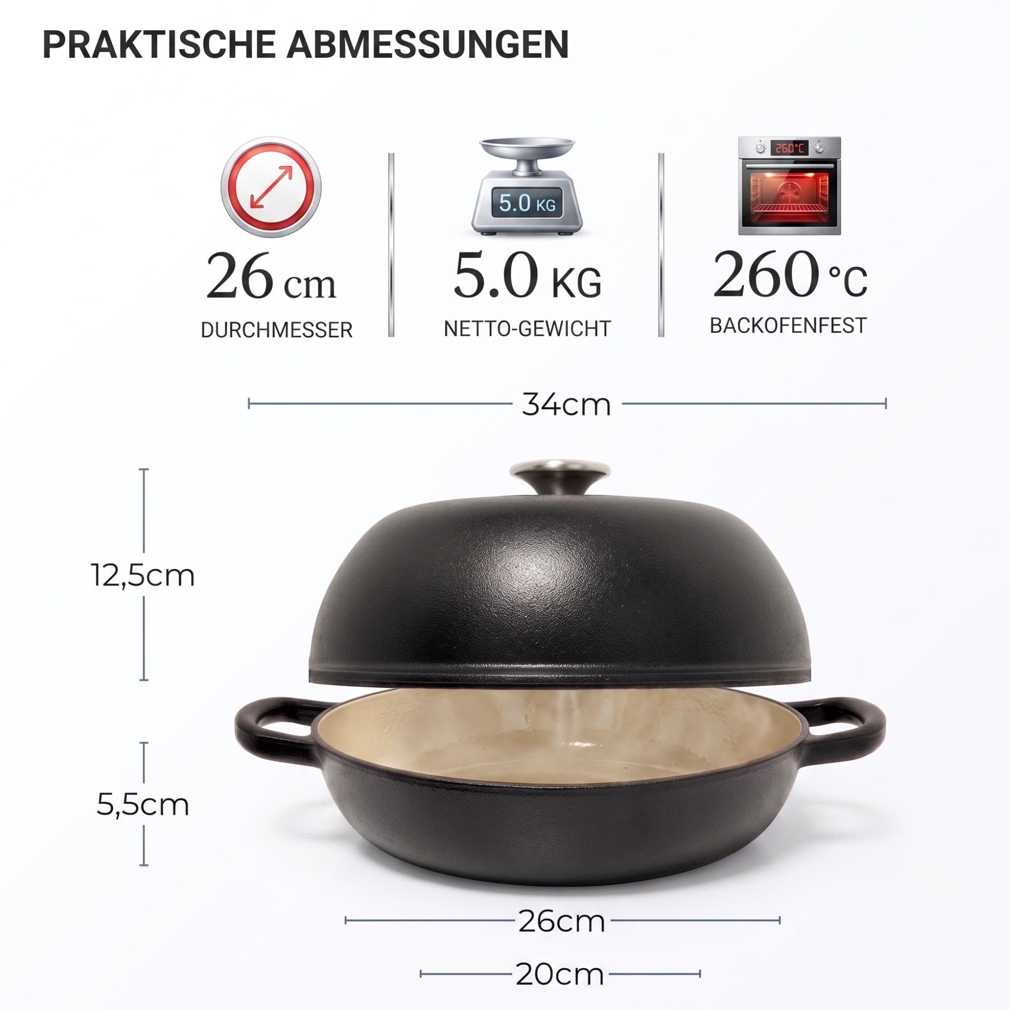 osoltus Gusseisen Brotbackform Set mit Kupeldeckel Silikonmatte Handschuhe Gärkorb 26cm Emaille Schwarz