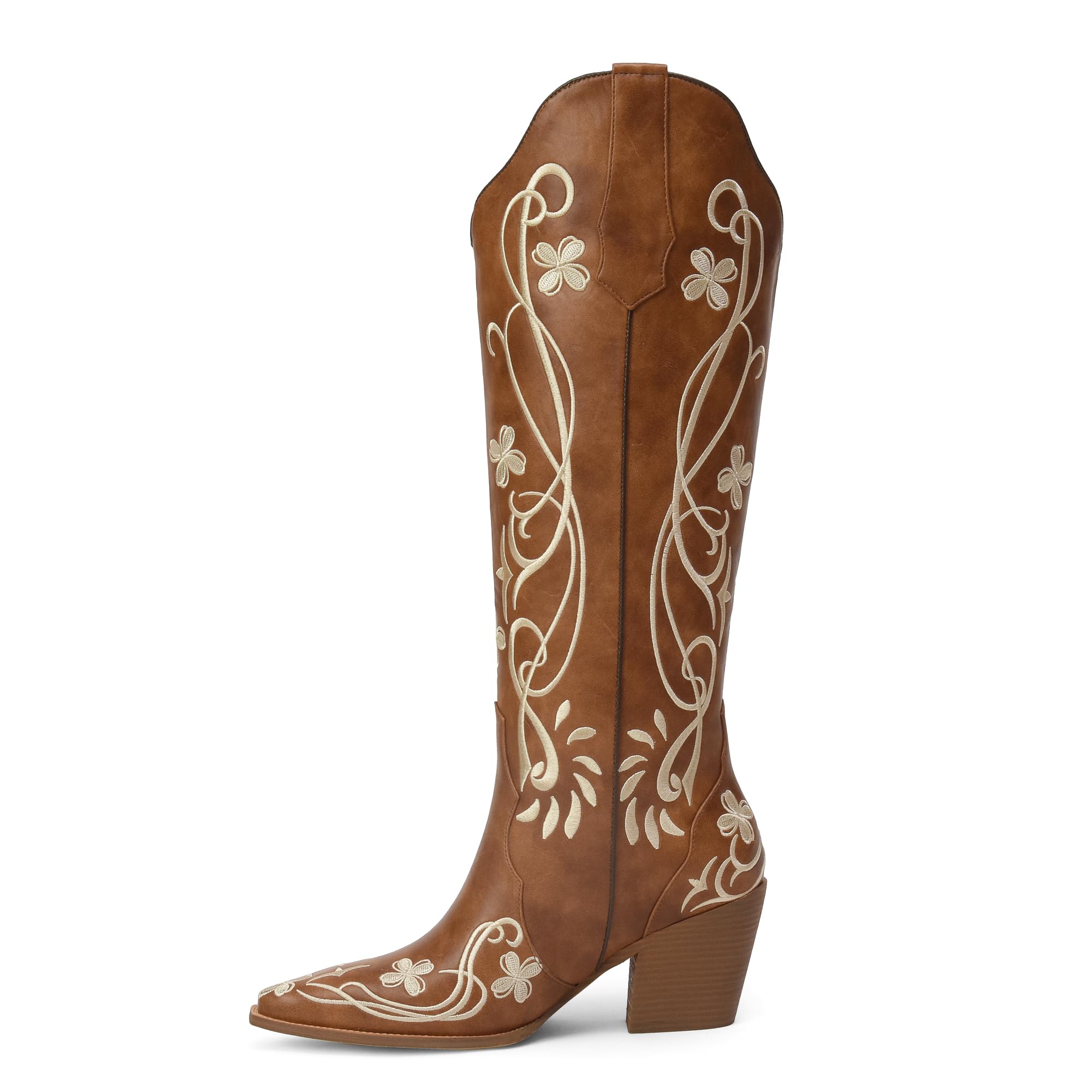 iiimmu Cowgirl Boots Women Knee High Vintage Cowboy Boots with Floral Embroidered Classic Pull On Design Western Footwear
