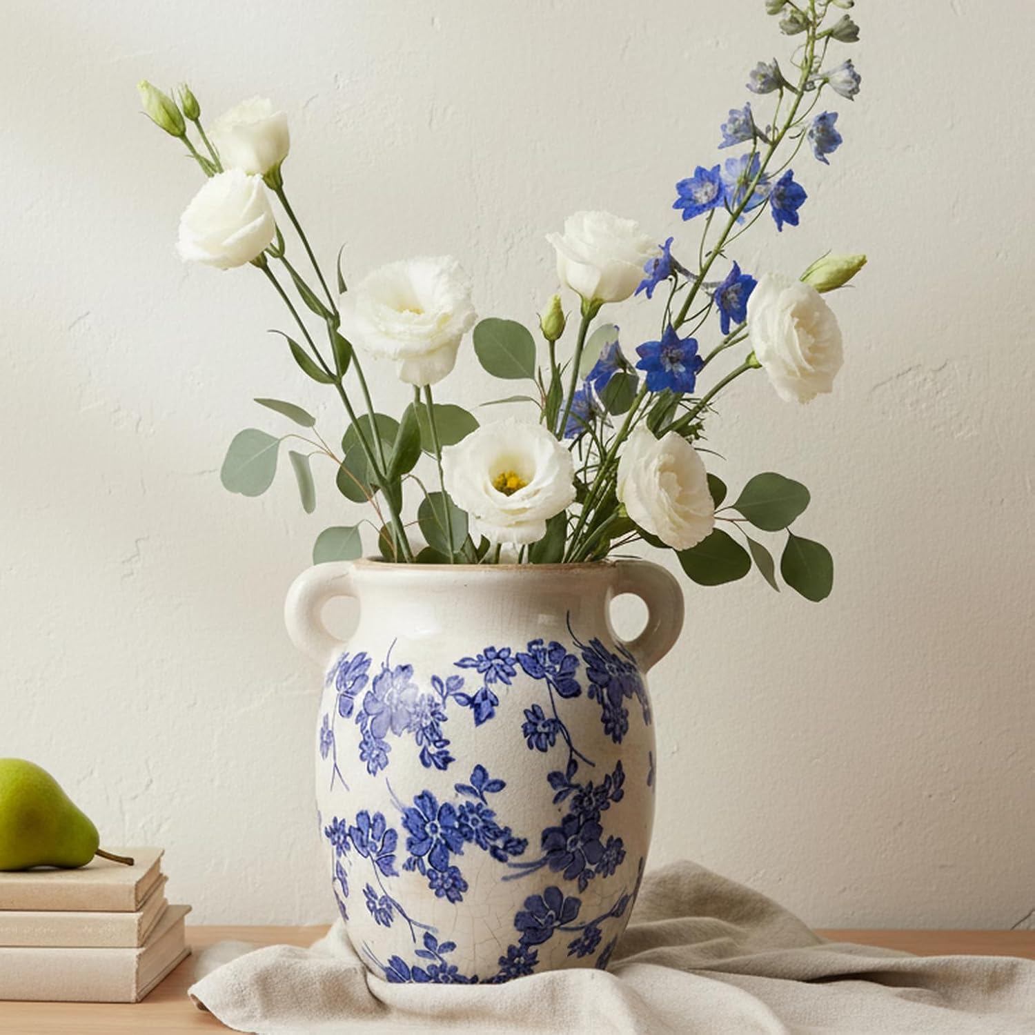 Xiaan Jiaju Vintage Blue Ceramic Flower Vase, 7.9'' Rustic Farmhouse & French Country Decor For Coffee Table, Dining Table Centerpieces, Entryway Accent, House Decoration Living Room, Vases Home Decor