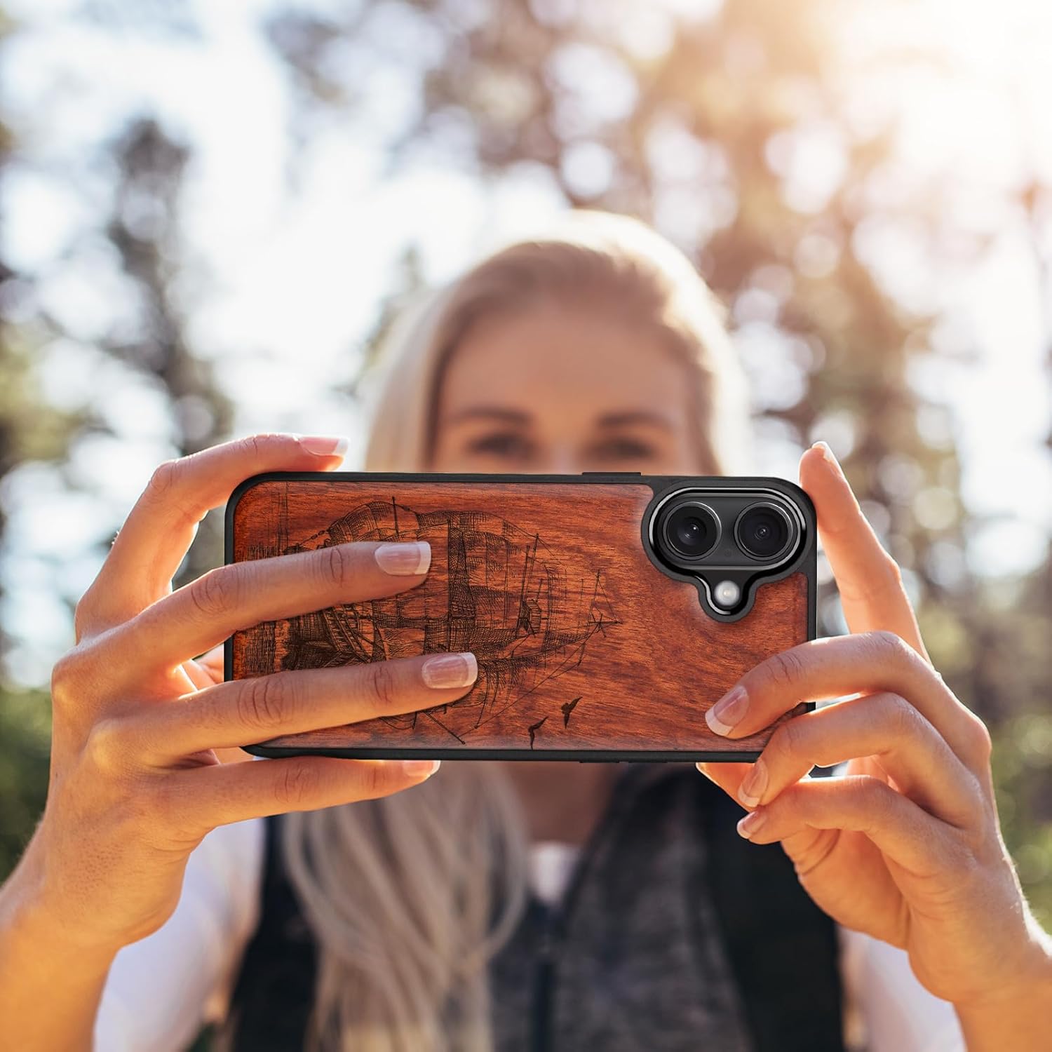 Carveit Magnetic Wooden Case for iPhone 17 Case, Wood Artisan Engraved & Black Soft TPU Shockproof Cover, Compatible with MagSafe Wireless Chargers (Sailboat on The Sea) Rosy