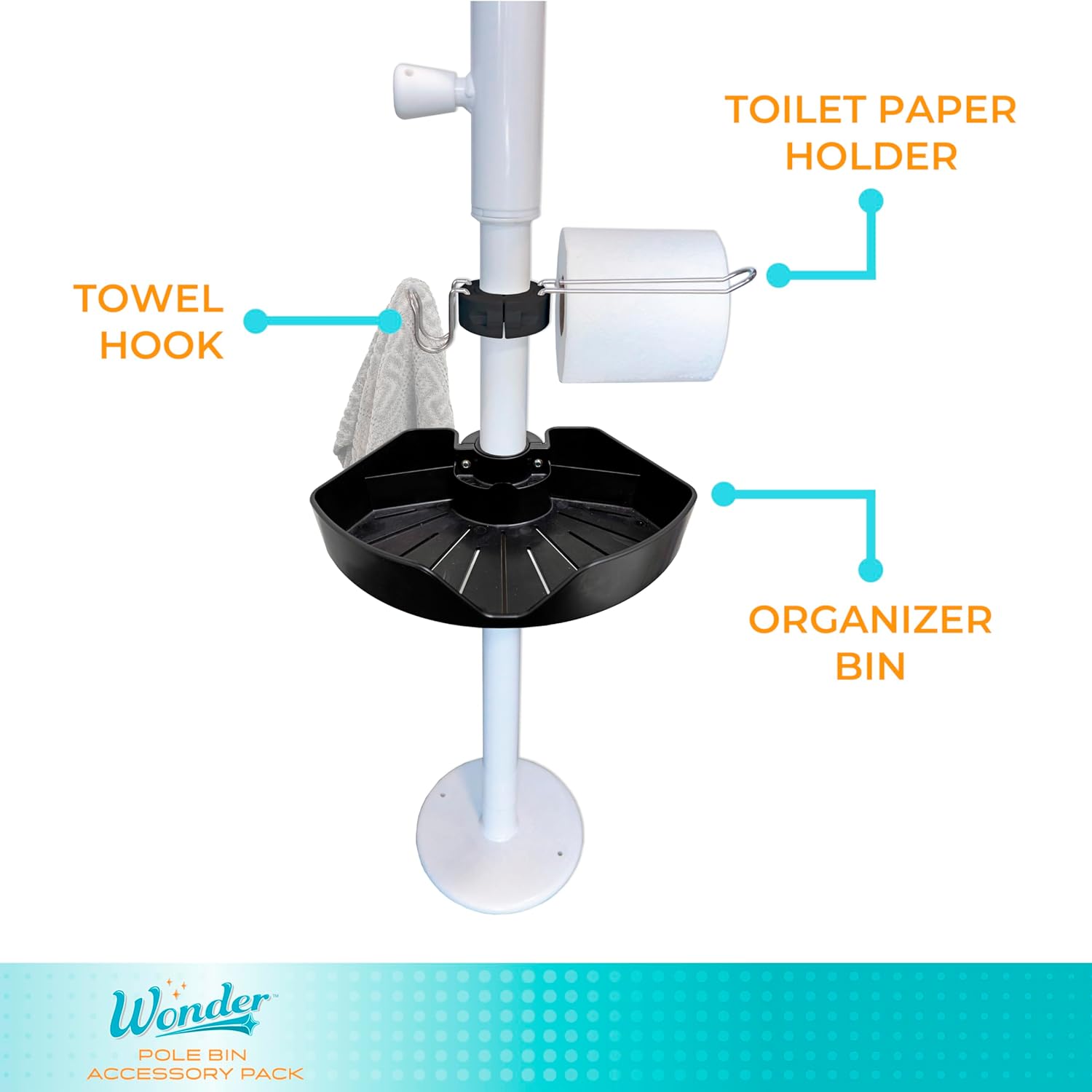 Stander Wonder Pole Bin Accessory Pack, Storage Bin Accessory with Toilet Paper Holder, Towel Hook for Wonder Pole and Wonder Bathtub Pole, Bathroom Organizer Storage Shower Caddy, White