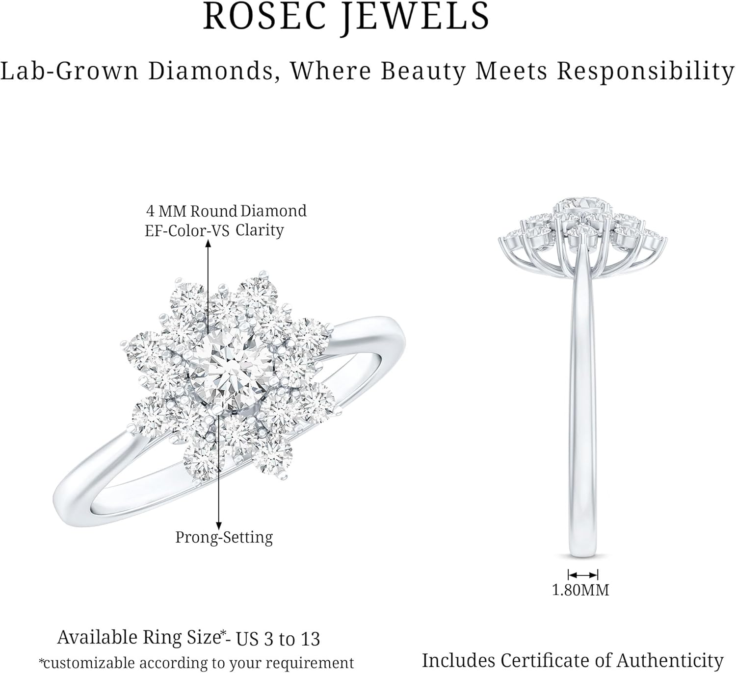 Mothers Day Gift, Certified 0.8 Carat Lab Grown Diamond Flower Engagement Ring, Ef-Vs Quality, Diamond Cluster Ring