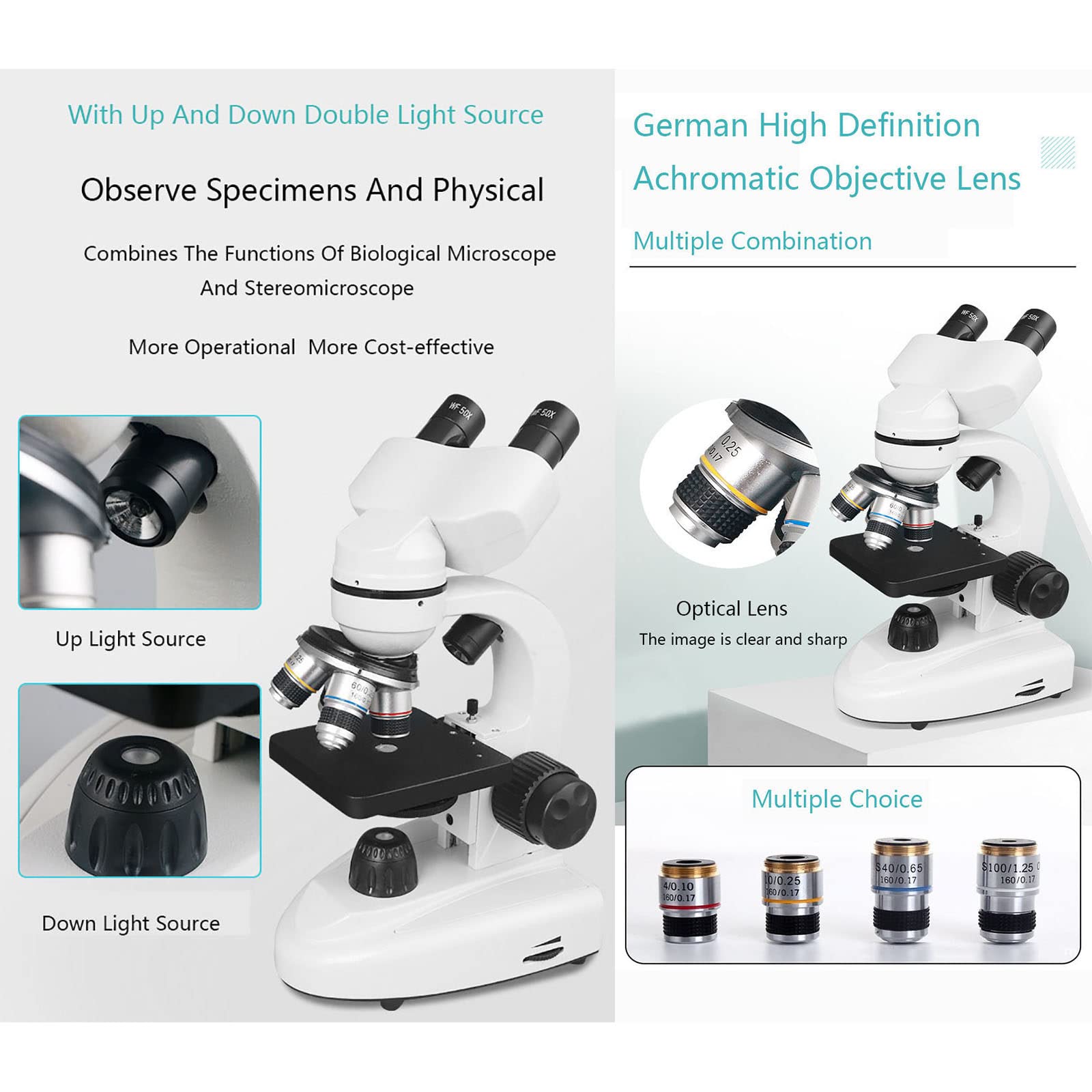 Binocular Electronic Microscopes, 200X-30000X Compound Student Microscope with 4 Objectives (4X, 6X, 10X, 100X) & 2 Eyepieces (50X*2), HD Display, for Elementary, Junior Science Experiments