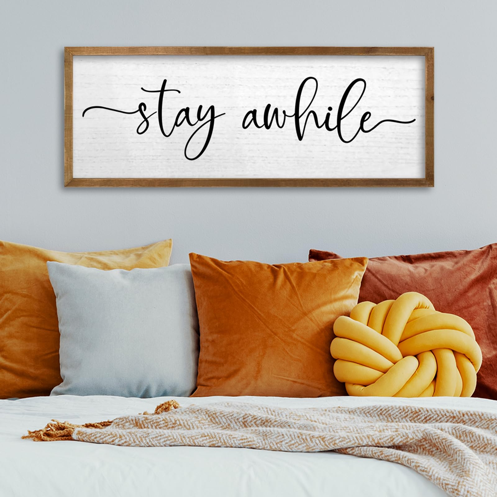 TQianJiang Living Room Wall Decor Stay Awhile Sign 24"×10" Cozy Home Inspirational Quote for Home Entryway Plaque Hallway Rustic Farmhouse Large Wood Framed Wal