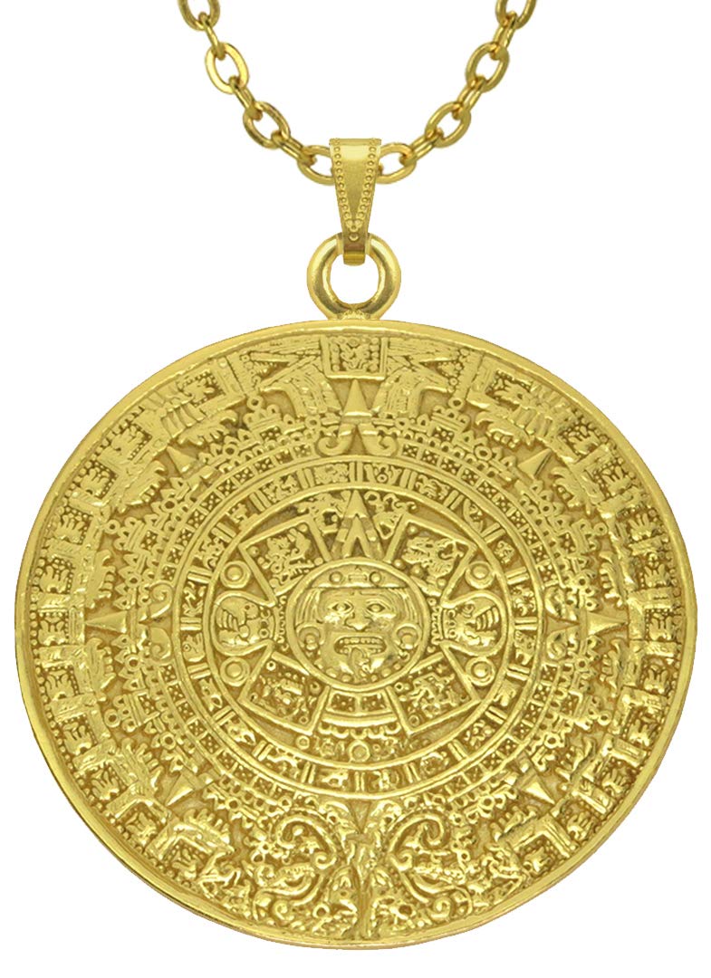 Across The Puddle, Historical Jewelry Collection, 24k Gold Plated 2" Pre-Columbian Aztec Solar Calendar 4.7 mm 29 inches Cable Chain Necklace