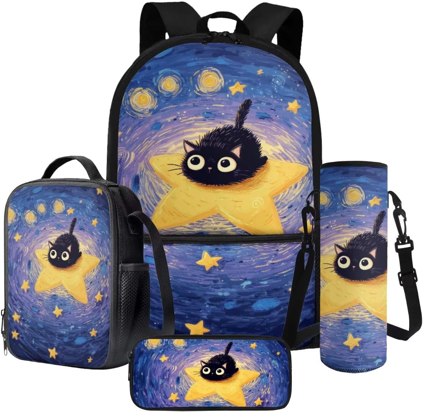 Tabby Cat Print 4 Pcs Schoolbag Set for Boys Girls 17 Inch Kids Backpack Daypack with Insulated Lunch Box Pencil Case Adjustable Water Bottle Carrier Bag for Student Bookbags