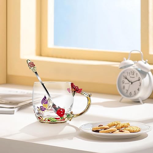 Vista 37 de Taza de té de flores, taza de café de cristal transparente con cuchara, caja de regalo para su madre, esposa, abuela, niñas, amigos, San Valentín