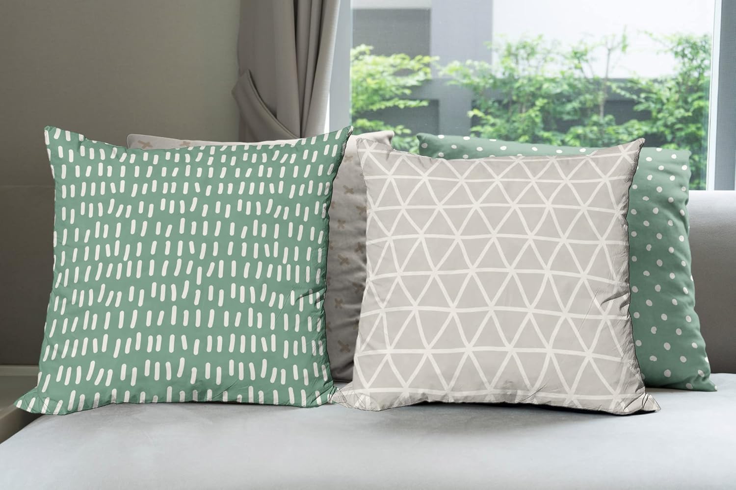 Ambesonne Modern Throw Pillow Cushion Case Pack of 4, Polka Dots Hand Drawn Plus Signs Triangles Mesh Minimalist Neutral Design, Modern Accent Double-Sided Digital Printing, 16", Jade Green Pale Tan