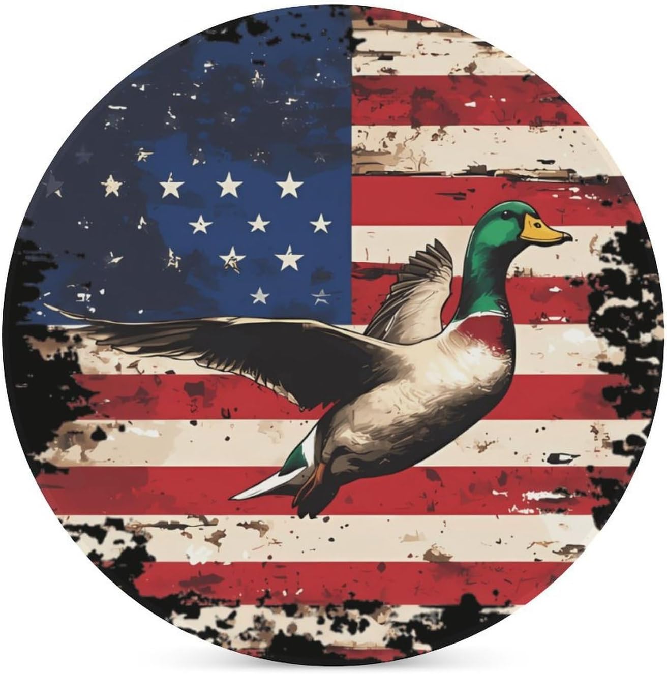 Duck Hunting U.S.A. Flag Round Ceramic Coasters for Drinks Absorbent Cup Holder Tabletop Protector with Cork Base