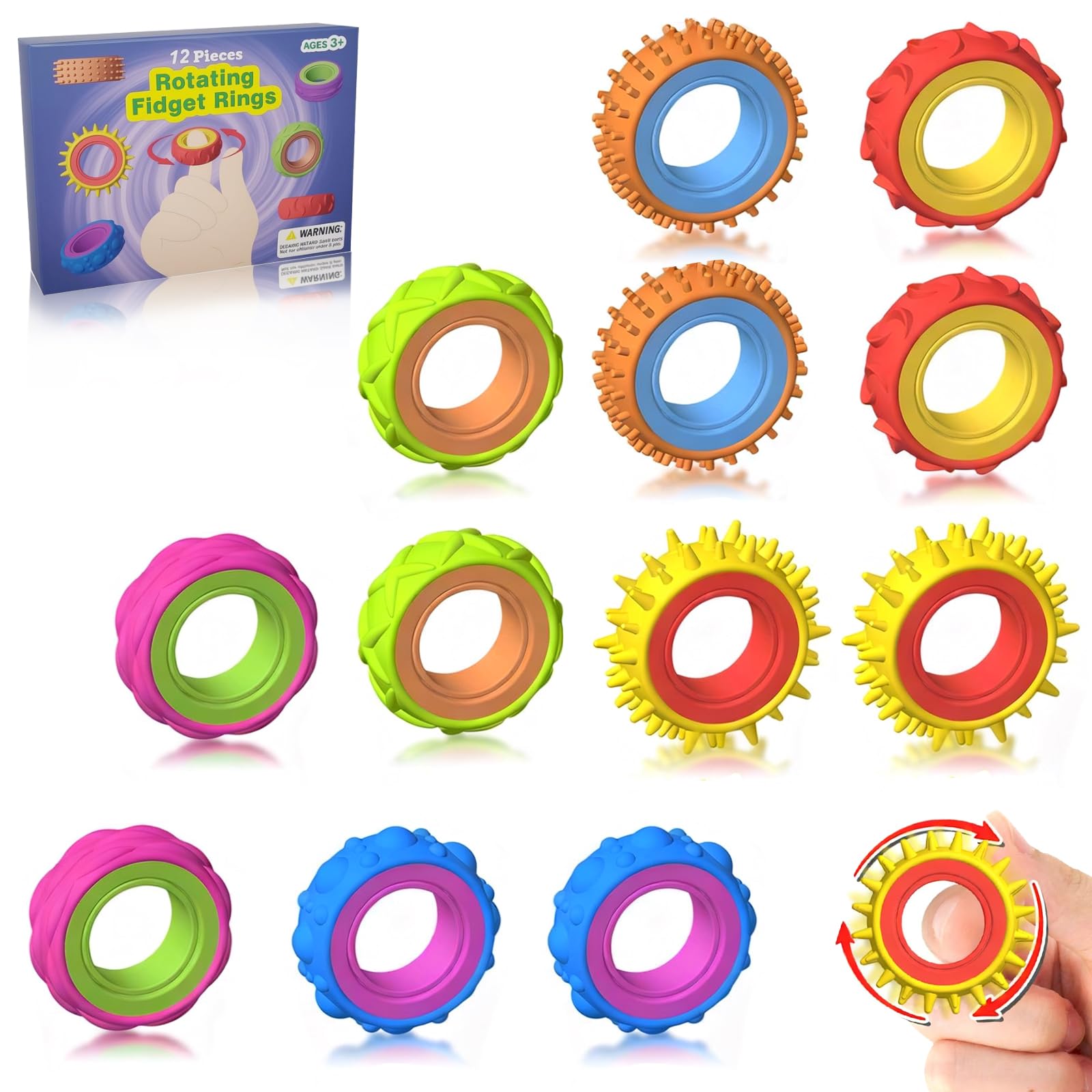 Fidget Ring Zabawki dla dzieci Dorośli Finger Spinner Rings Pomoc w koncentracji dla dzieci Szkoła Uspokajanie stresu Lęk Antystres Zabawka z autyzmem Fidget Squishy Toy Children 3 lata i więcej 12Pcs
