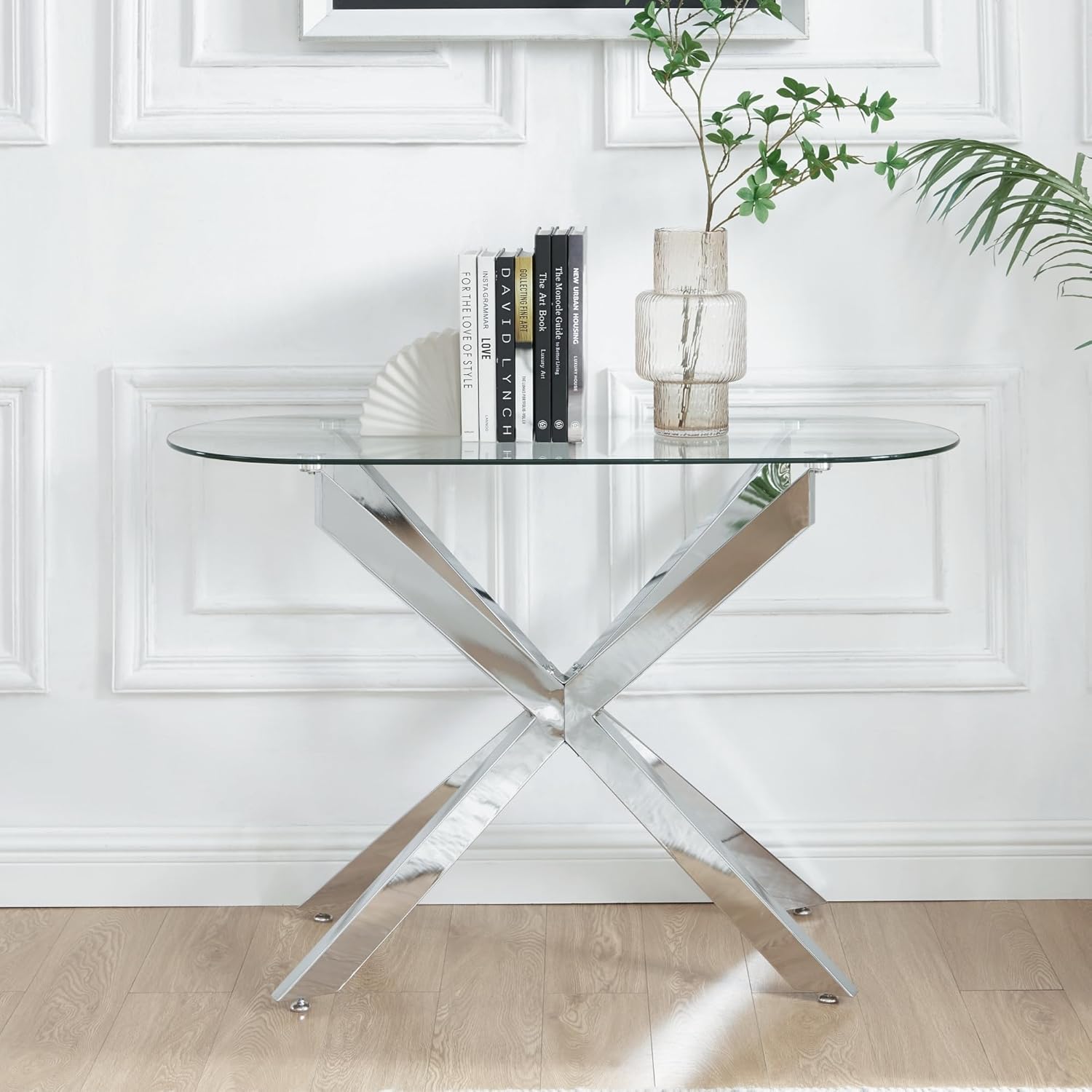 Modern Glass Oval Console Table, Entryway Hallway Narrow Sofa Table, Entrance for Entryway, Living Room, Foyer, Hallway, Office, 45" Lx18 Wx30 H Silver