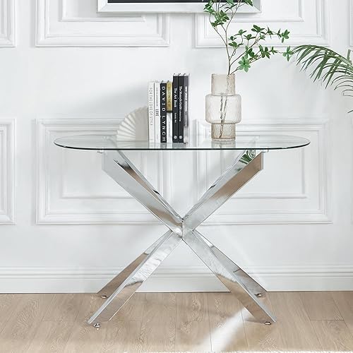 Miniatura 5 de Moderna mesa consola ovalada de vidrio, mesa de sofá estrecha para entrada, entrada, sala de estar, vestíbulo, pasillo, oficina, 45 pulgadas de