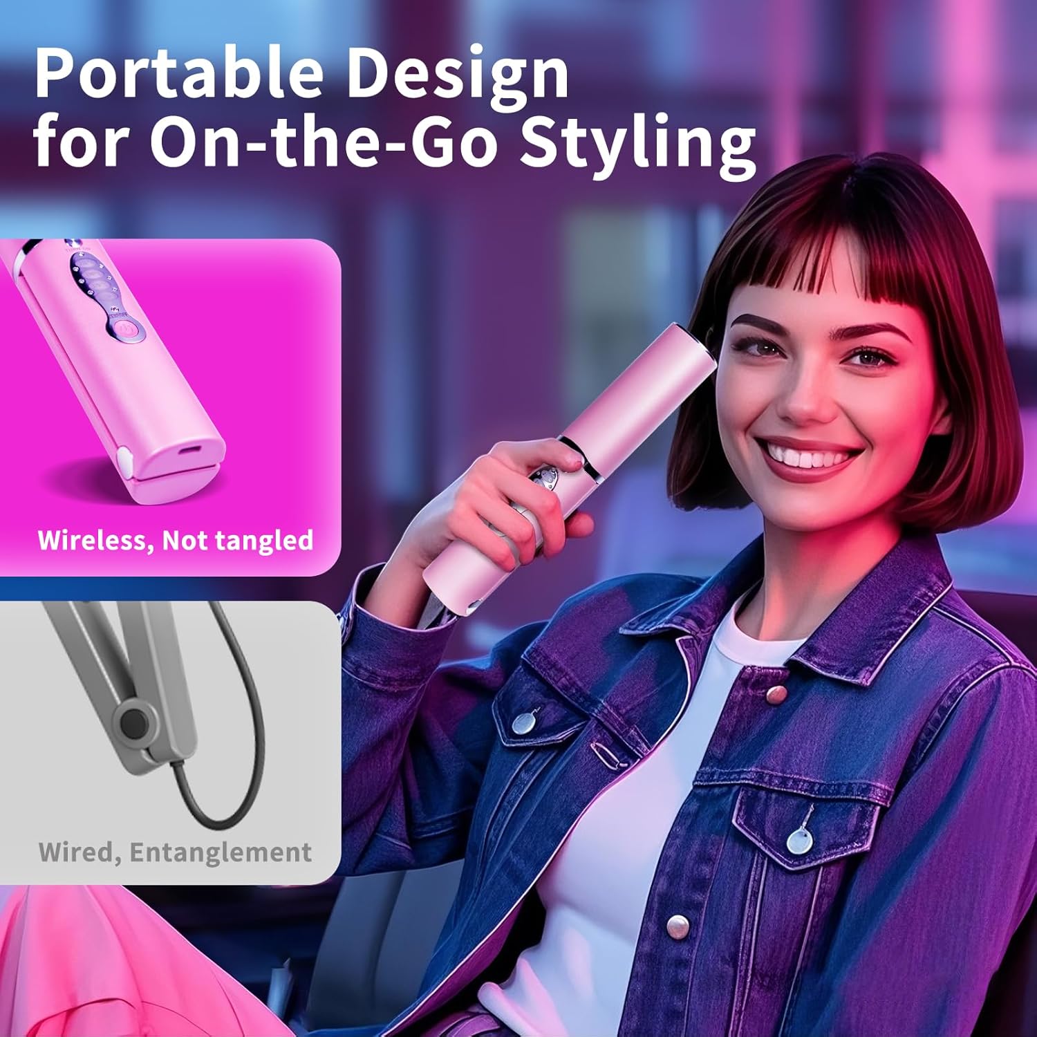 Cordless Hair Straightener, Titanium Mini Flat Iron for Short Hair & Pixie Cuts, Travel-Ready Portable Styling Tool with 50s Fast Heat, USB-C Rechargeable (Shocking Pink)