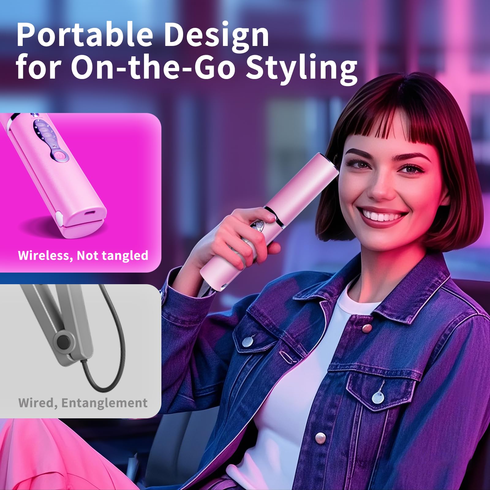 Alisador y rizador de pelo pequeño de viaje 2 en 1 para cabello corto, plancha plana de titanio inalámbrica, portátil, recargable por USB-C, calentamiento rápido, voltaje dual, batería de 5000 mAh, 3