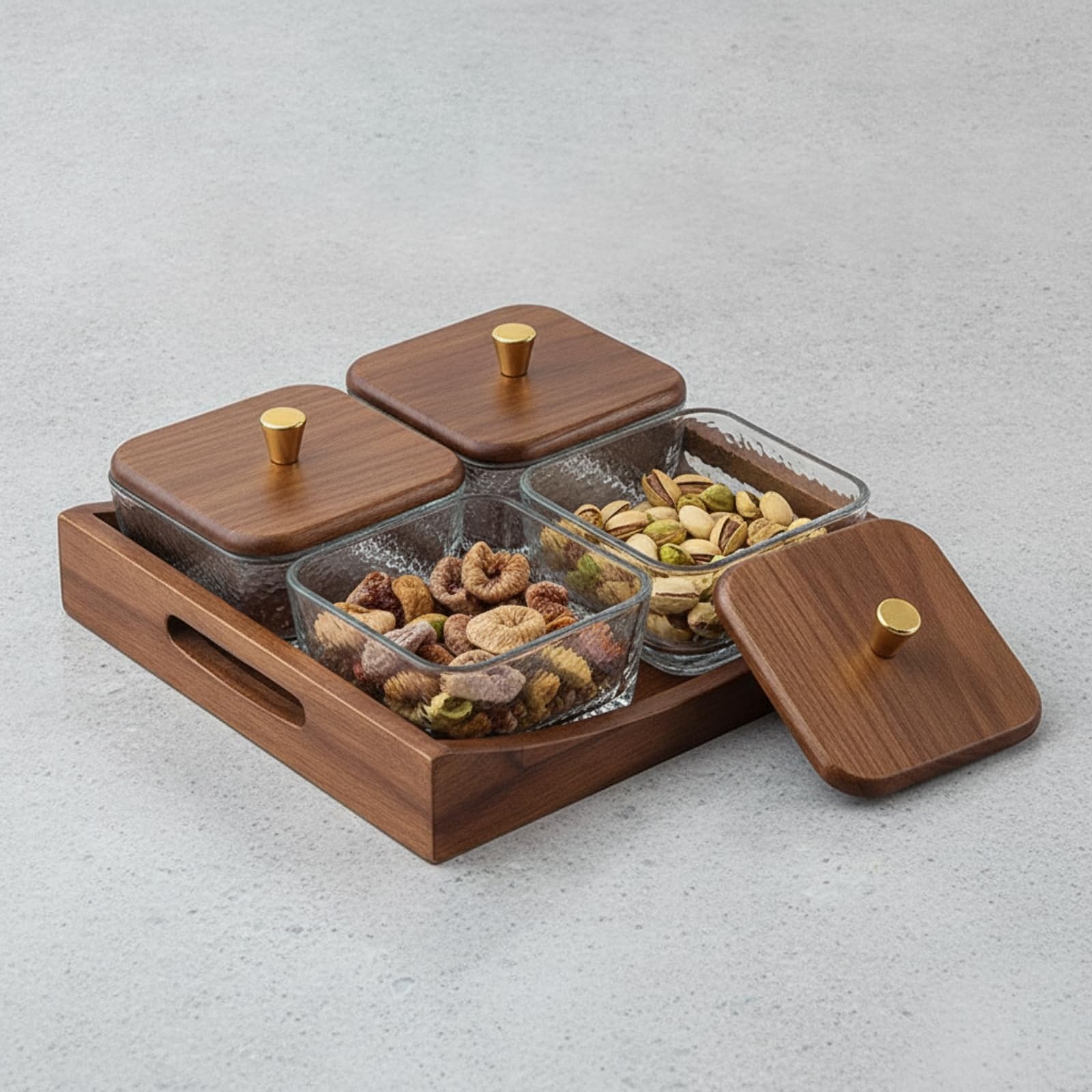 Plateau à Collation avec Coupelles Verre, Style Chinois Rétro, Plateau Rectangulaire À Quatre Compartiments Carrés Avec Coupelle En Verre Et Couvercles En Bois, color to 2