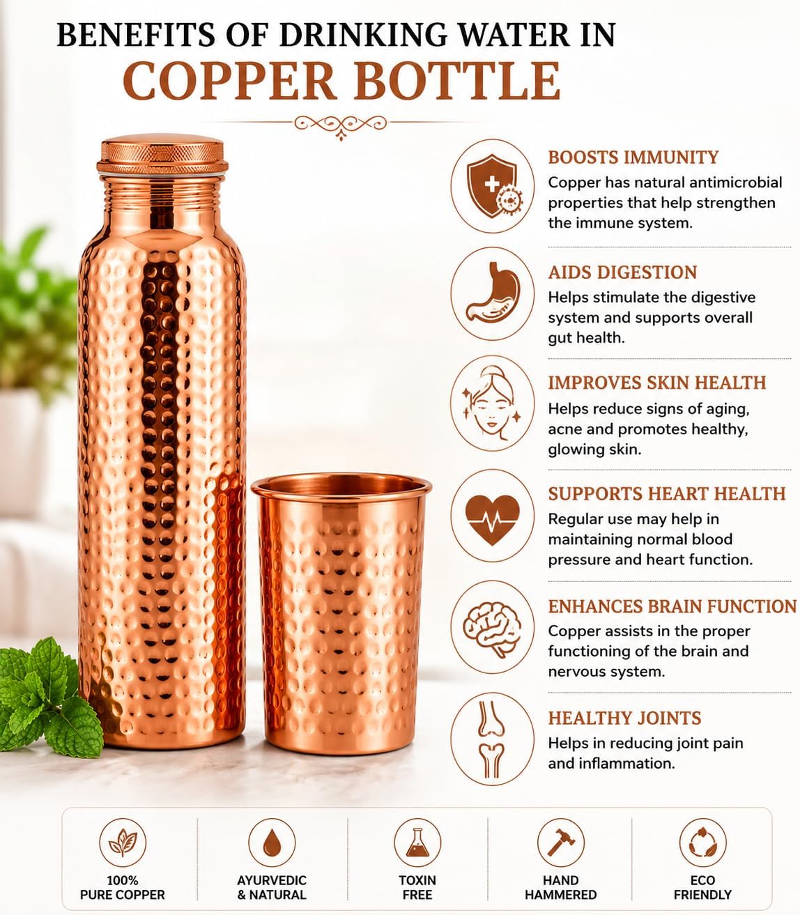 100% Pure Copper Water Bottle for Drinking, 34 Oz Hammered Ayurvedic Copper Bottle for Drinking Water - Leak Proof & Eco Friendly For Yoga, Office, Travel image 3