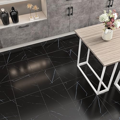 Miniatura 6 de WESTICK 20 azulejos de vinilo para baño, despegar y pegar, color negro, autoadhesivos, azulejos de cocina, suelos laminados de linóleo impermeables