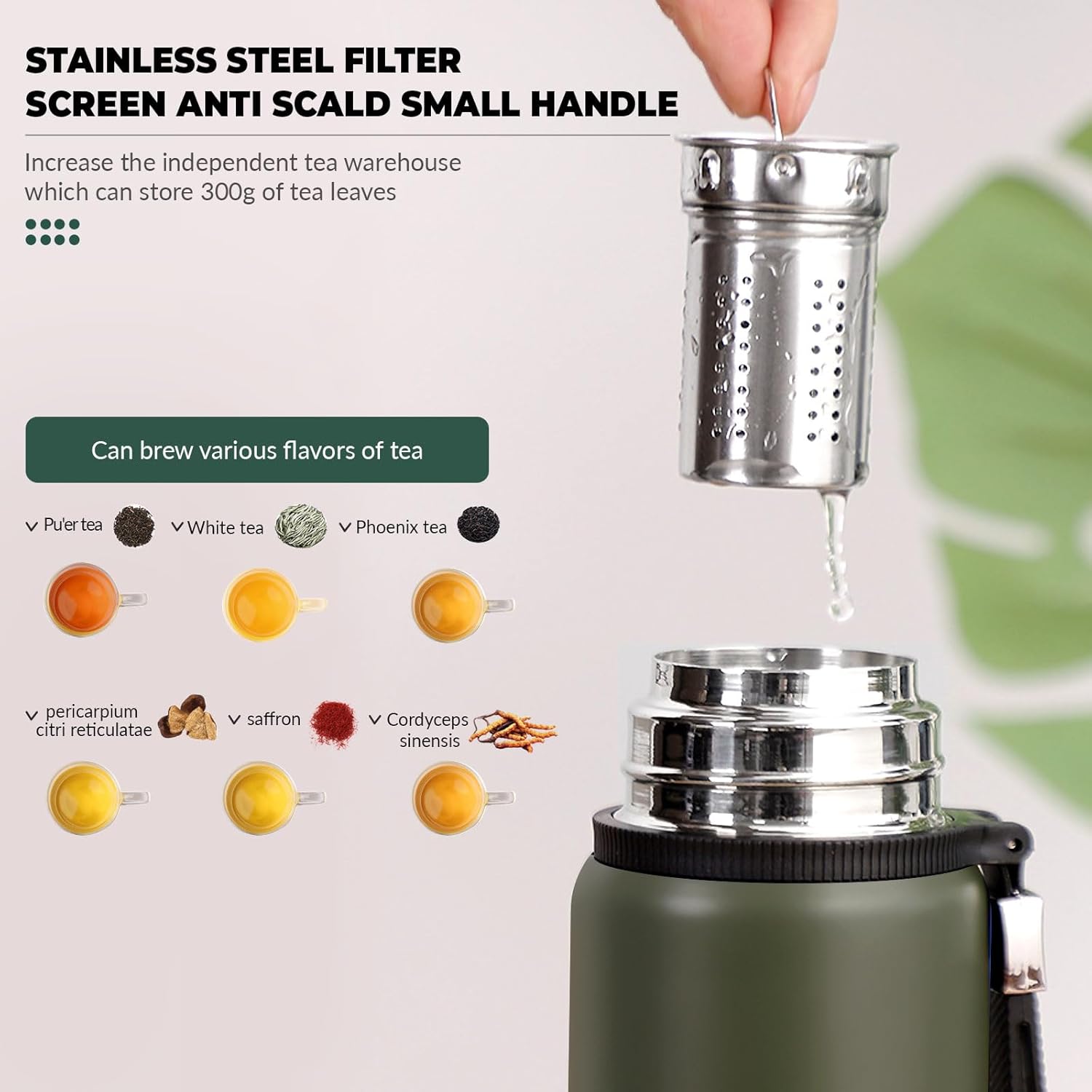 1000ml Double wall vacuum Leakproof stainless steel wide mouth insulated water bottle,tea tumbler with tea strainer infuser basket,cup and lid; travel coffee thermoses hot drinks,cold thermal flask