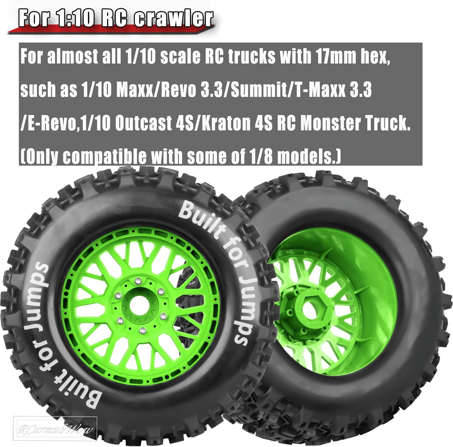 1/8 1/10 17mm Hex RC Truck Tires,Wheels and Tires for 1/10 E-Revo T-Maxx Summit Kraton Outcast Monster Truck,Buggy Rubber Tyres and Rims w/Foam Insert for RC Off-Road Car,Green-Red