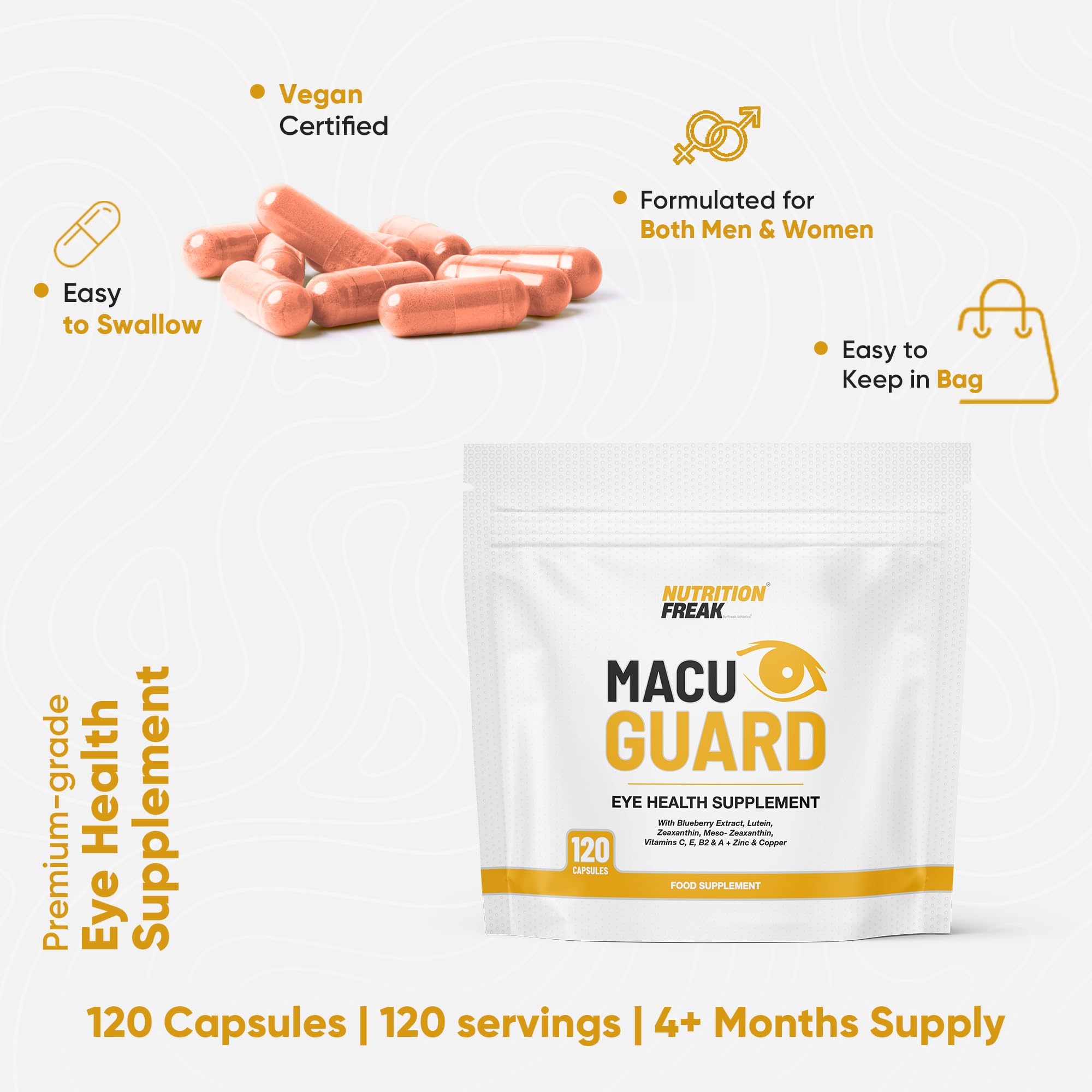 MacuGuard+ Eye Supplement - 120 Capsules - Zeaxanthin, Meso Zeaxanthin, Lutein, Blueberry Extract Plus Vitamins and Minerals - Premium UK Made