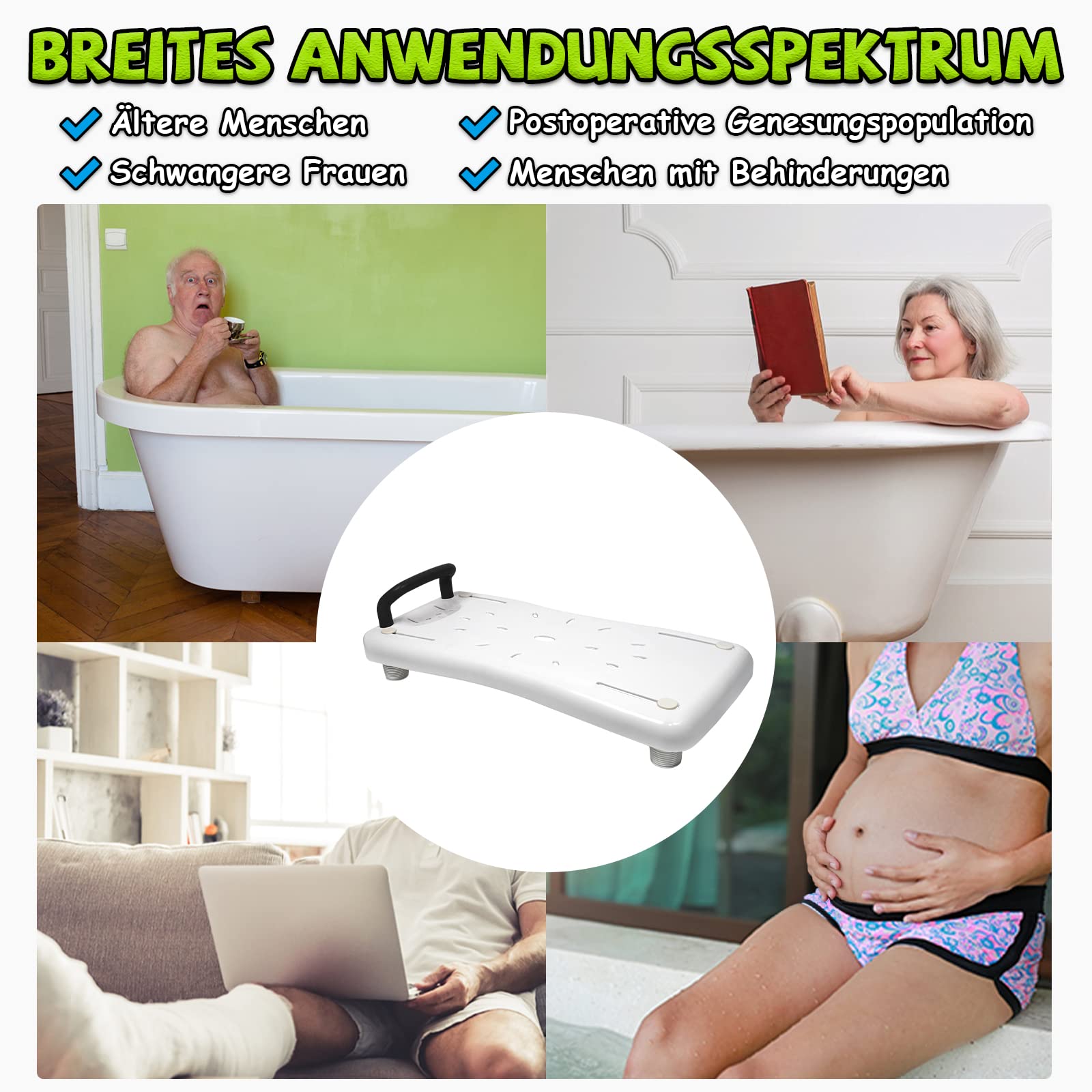 Froadp 70x31x5cm Badewannensitz mit Schwarz Griff Badewannenbrett zum Sitzen aus PP Wannensitz Badewanne Sitzbrett für Erwachsene Senioren Schwangere 41-63cm Einstellbarer Abstand