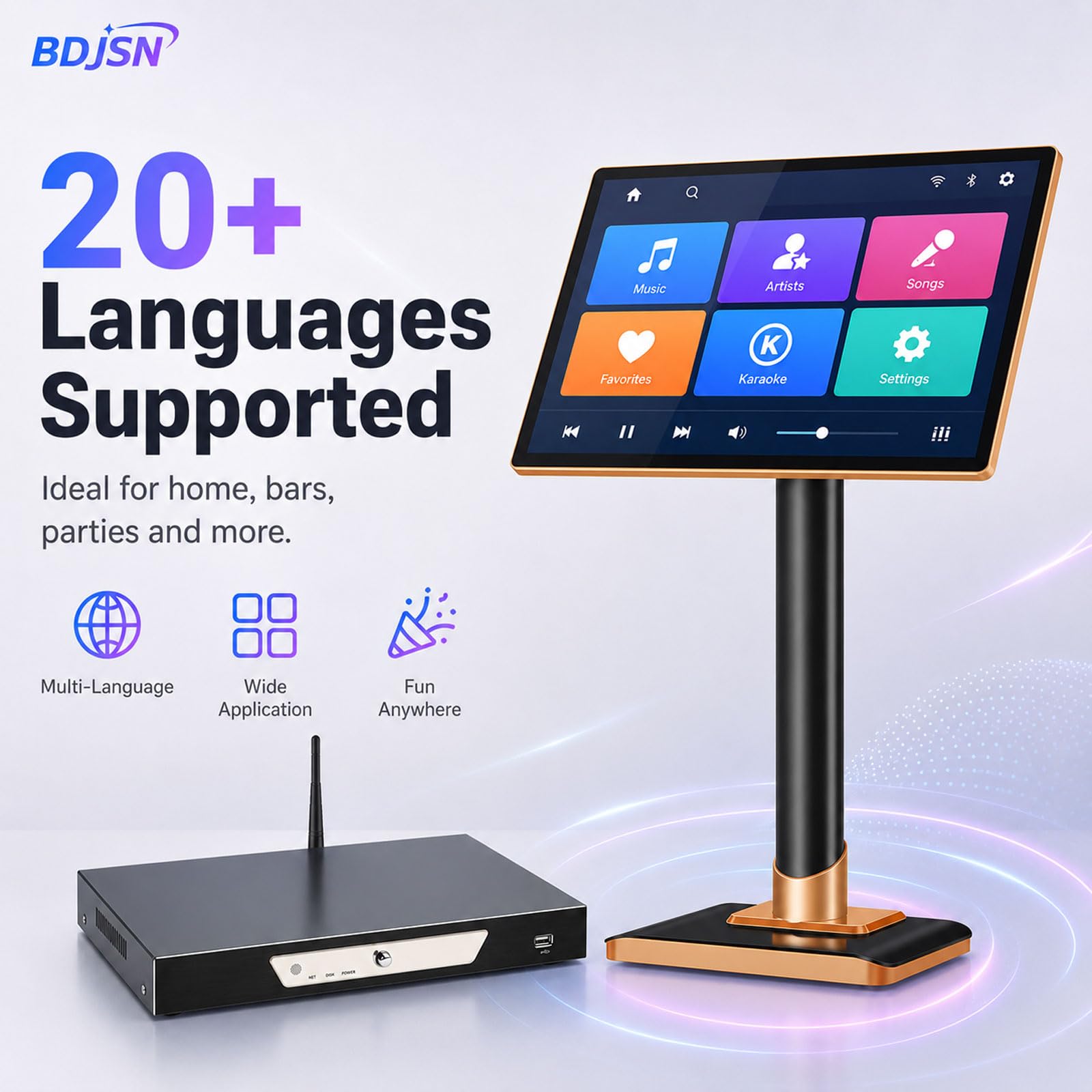 Sistema Karaoke con Schermo Touch 4k da 19 Pollici, 2 Microfoni Wireless E Ricevitore. Controllo Brani Tramite App Wi-Fi, Memoria 3 TB, Multilingue. Adatto per Casa, Bar E Feste