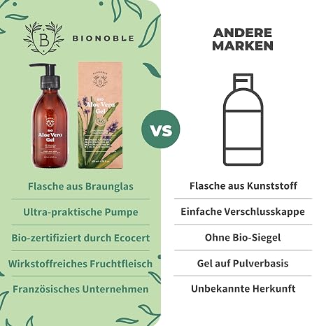 BIONOBLE Aloe Vera Gel 100 Prozent Bio - Gesicht Haare After Sun - 200ml 97% Reines Blattgel mit Lavendelöl - Spendet Feuchtigkeit - Vegan Aloe Vera Spray Aloe Vera Creme - Glasflasche Pumpe