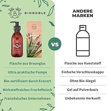 BIONOBLE Aloe Vera Gel 100 Prozent Bio - Gesicht Haare After Sun - 200ml 97% Reines Blattgel mit Lavendelöl - Spendet Feuchtigkeit - Vegan Aloe Vera Spray Aloe Vera Creme - Glasflasche Pumpe
