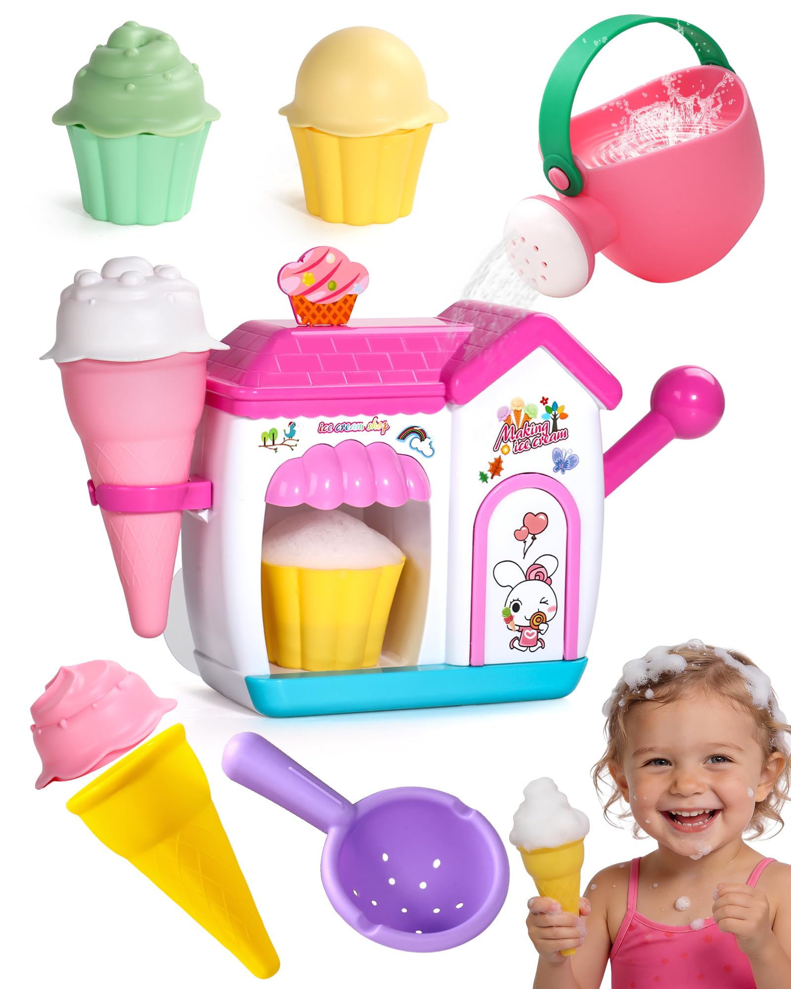 Bath Toys for Kids Ages 4-8 3-5 Toddler Bath Toys Bathtub Ice Cream Foam Maker Bubble Pretend Cake Play Set Birthday Gifts for 2-4 5 6 Year Old Girls Boys