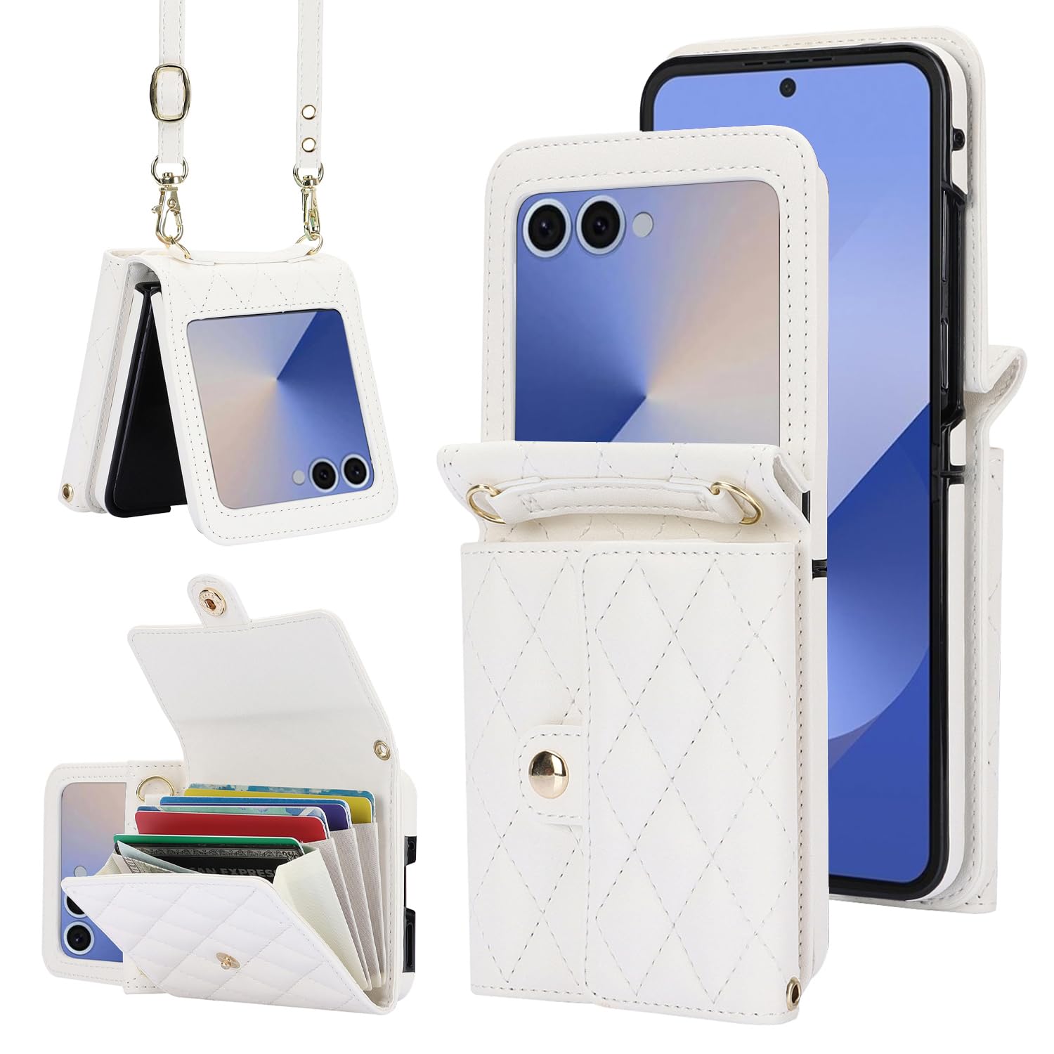Photo 1 of XIMAND for Samsung Galaxy Z Flip 7 Accordion Crossbody Wallet Case, 4 Card Slots, RFID Blocking, and Adjustable Strap - Stylish and Versatile Accessory.(White)
