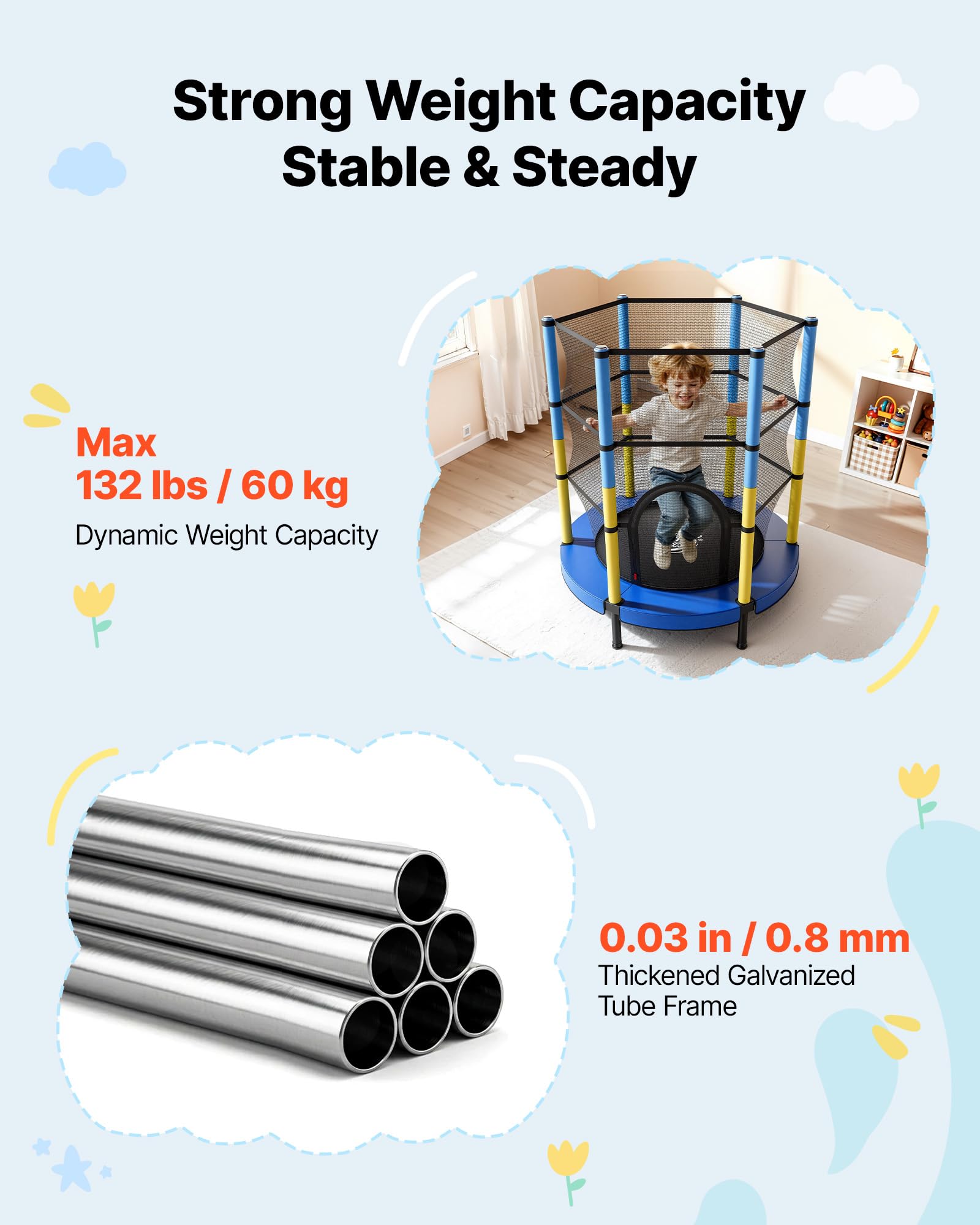 VEVOR Trampolino Elastico Giocattolo Bambini 142 cm Carico Dinamico 60 kg, Trampolino con Rete di Protezione a 360° per Salto, Struttura Rotonda, Gioco Ginnastico da Esterno Interno, Casa Cortile