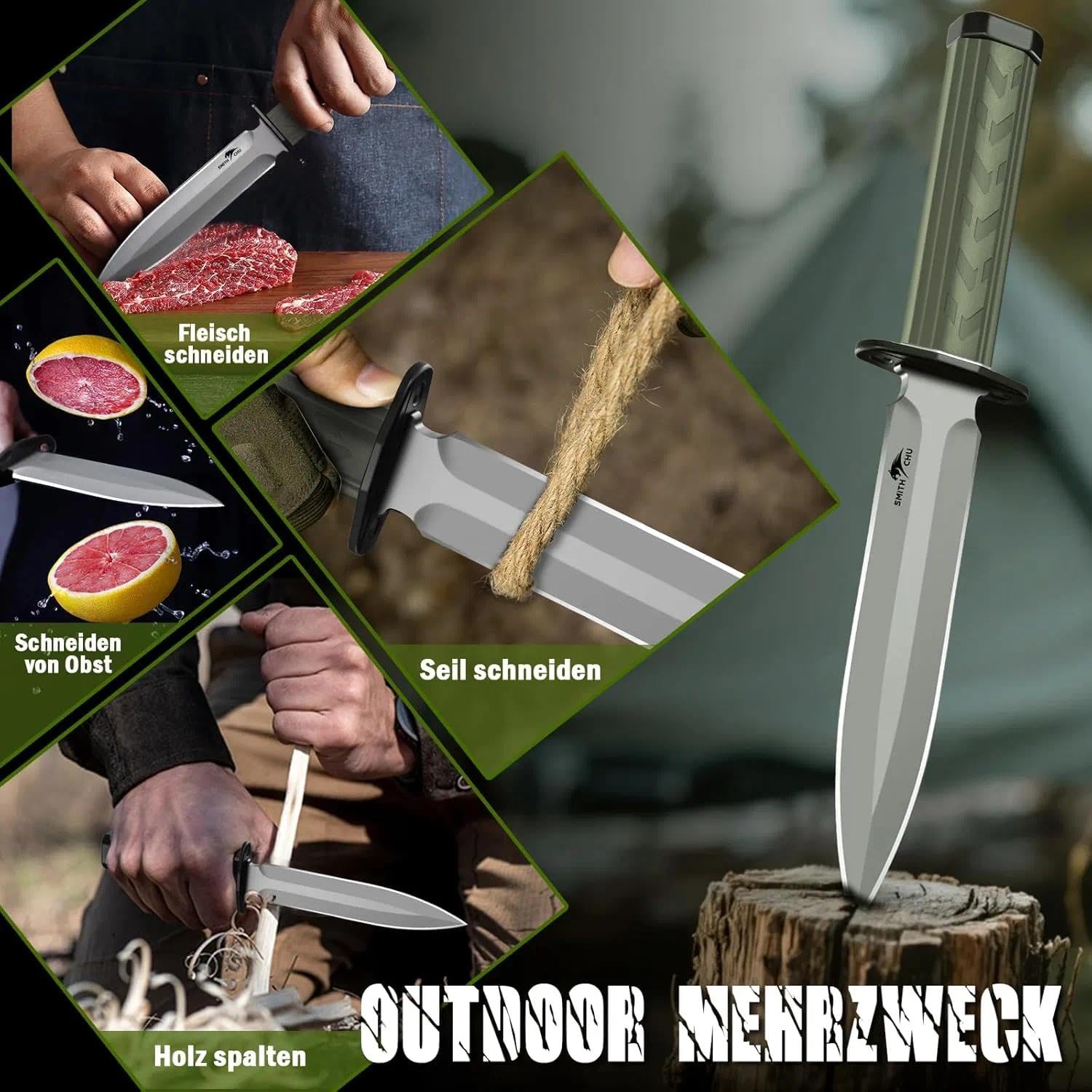 SMITH CHU Outdoor Messer Feststehend, Survival Messer für Trekking Camping, Kydex Scheide mit Schleifstein, Ergonomischer Griff, Grün Bushcraft Ausrüstung, Geschenke für Männer