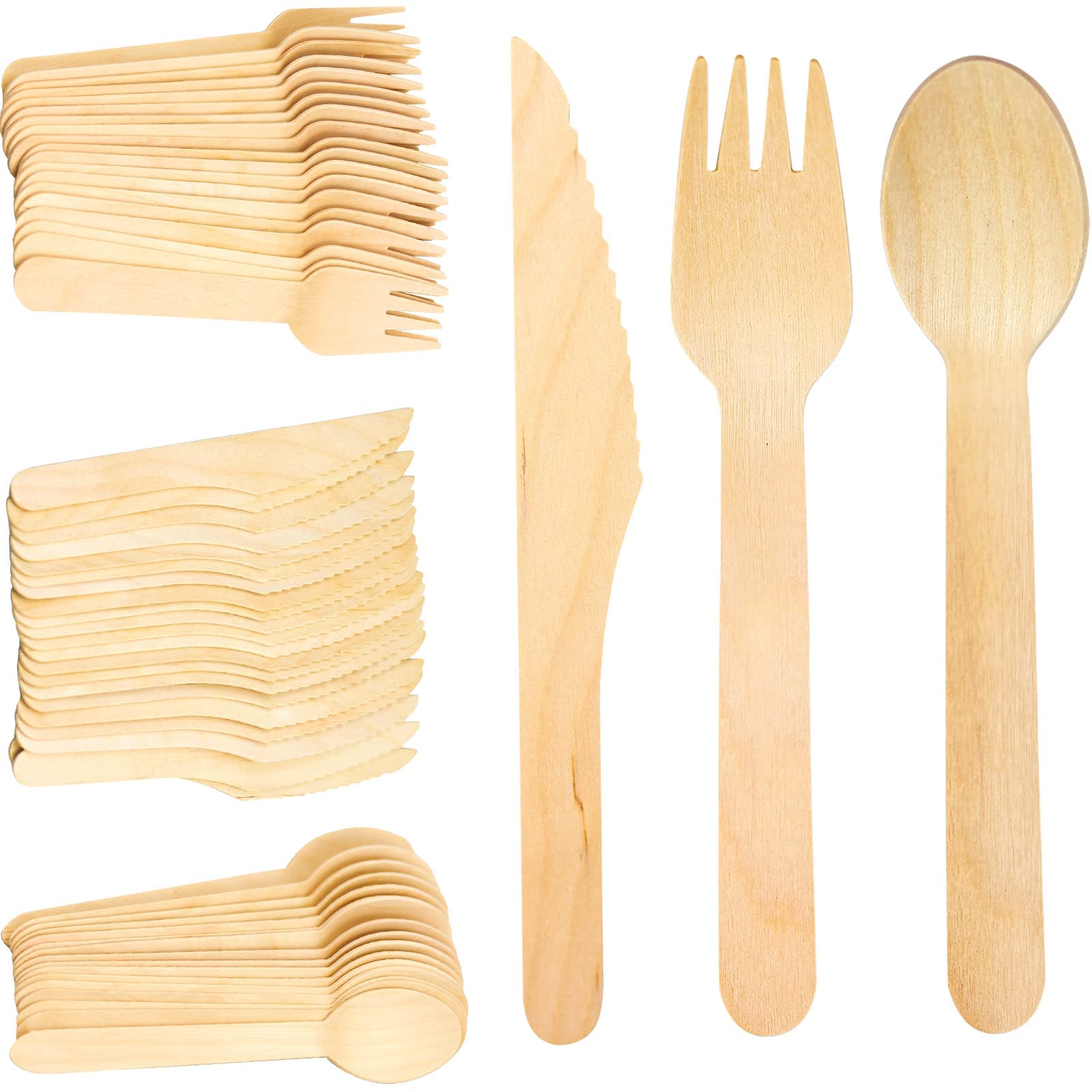 300 Pcs Wooden Cutlery Set Disposable Bamboo Cutlery Eco Friendly 100% All-Natural Birchwood Biodegradable for Picnic Party Celebrations - 100 Wooden Forks, 100 Wooden Knives, 100 Wooden Spoons