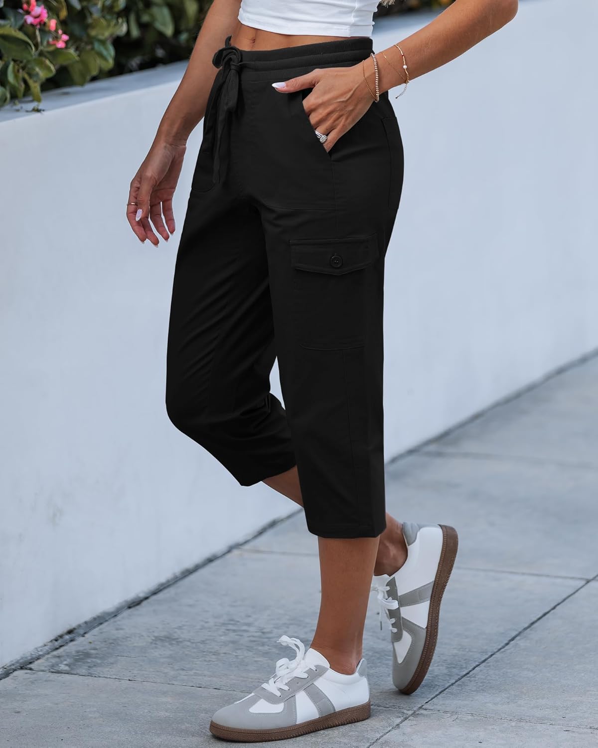 GRAPENT Capri Pants for Women Cargo Elastic Waist Pull On Drawstring Summer Casual Capris Cotton Chino Cropped Pants - Image 3