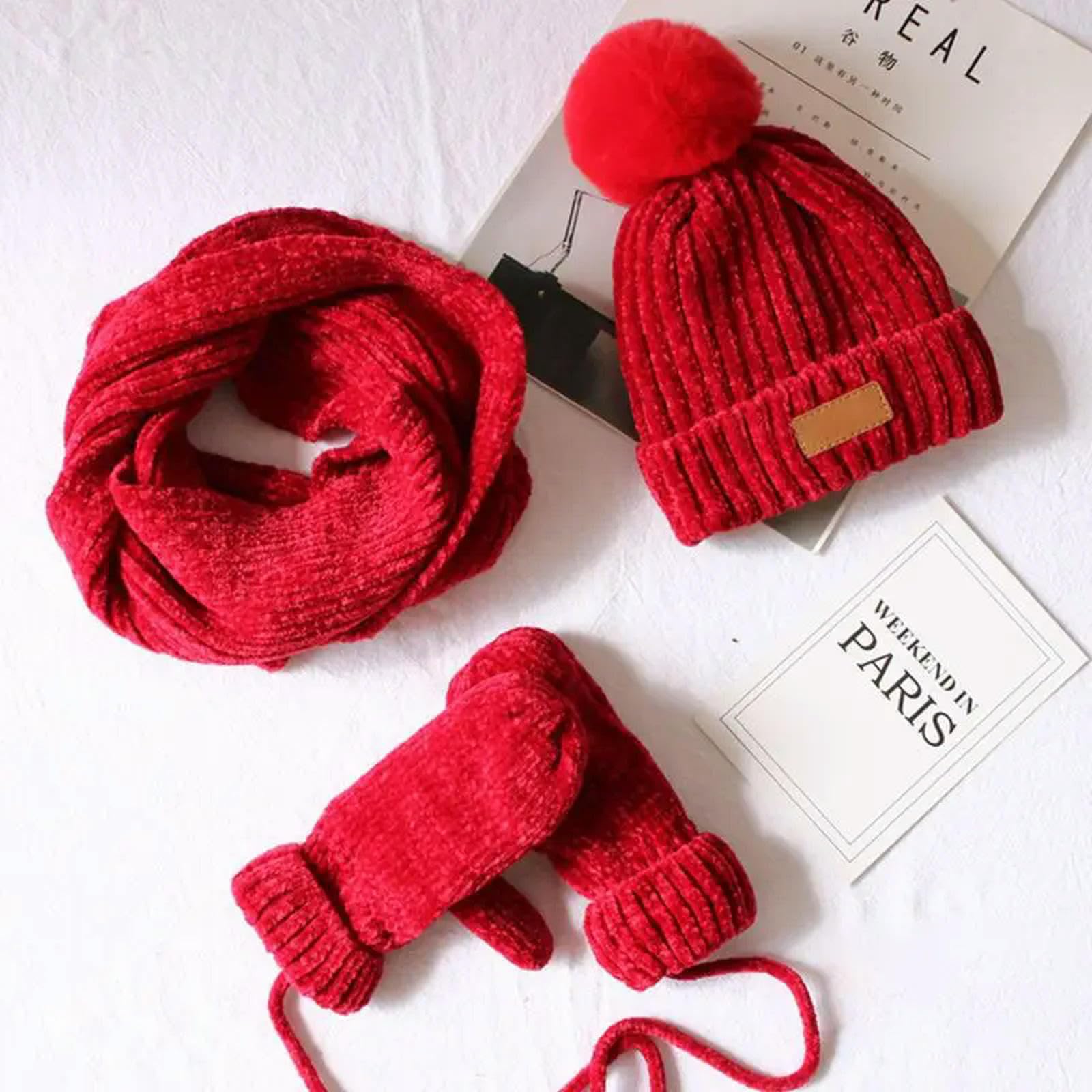 Zonto wintermütze Kinder 3 In 1 Kinder Winter Gestrickte Warme Pom Pom Beanie Hut Schal Handschuhe Set