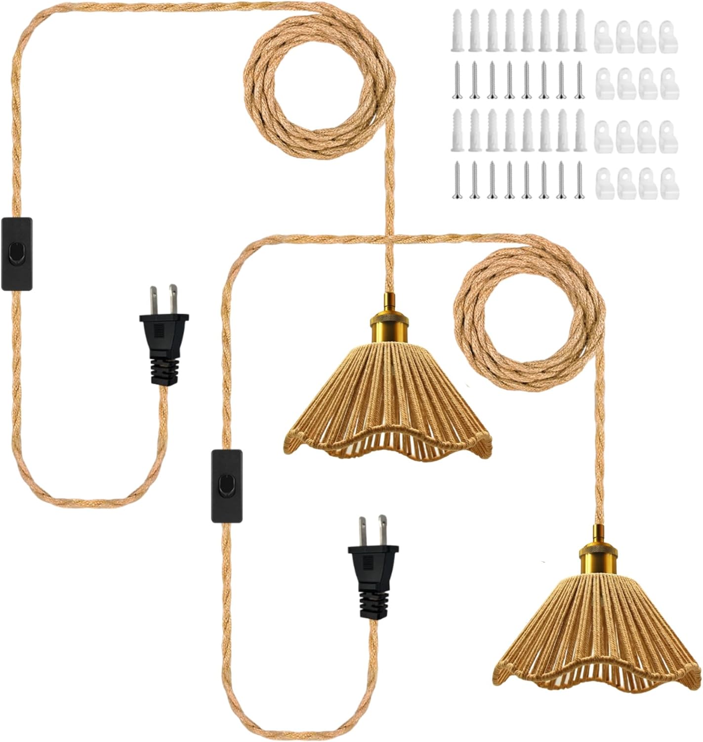2Pcs Plug in Pendant Lights,Handwoven Hemp Rope,Hanging lamp Shade Hanging Light with Switch and Plug in Cord,Hemp Rope Chandelier for Farmhouse (Bulb Not Included)