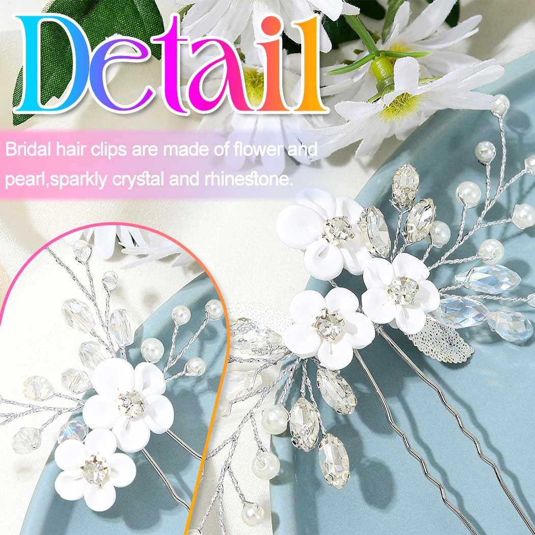Gorais Flower Bride Wedding Hair Pins Silver Rhinestone Bridal Hair Pieces Pearl Hair Clips Hair Accessories for Women and Girls (Pack of 2) - Image 7