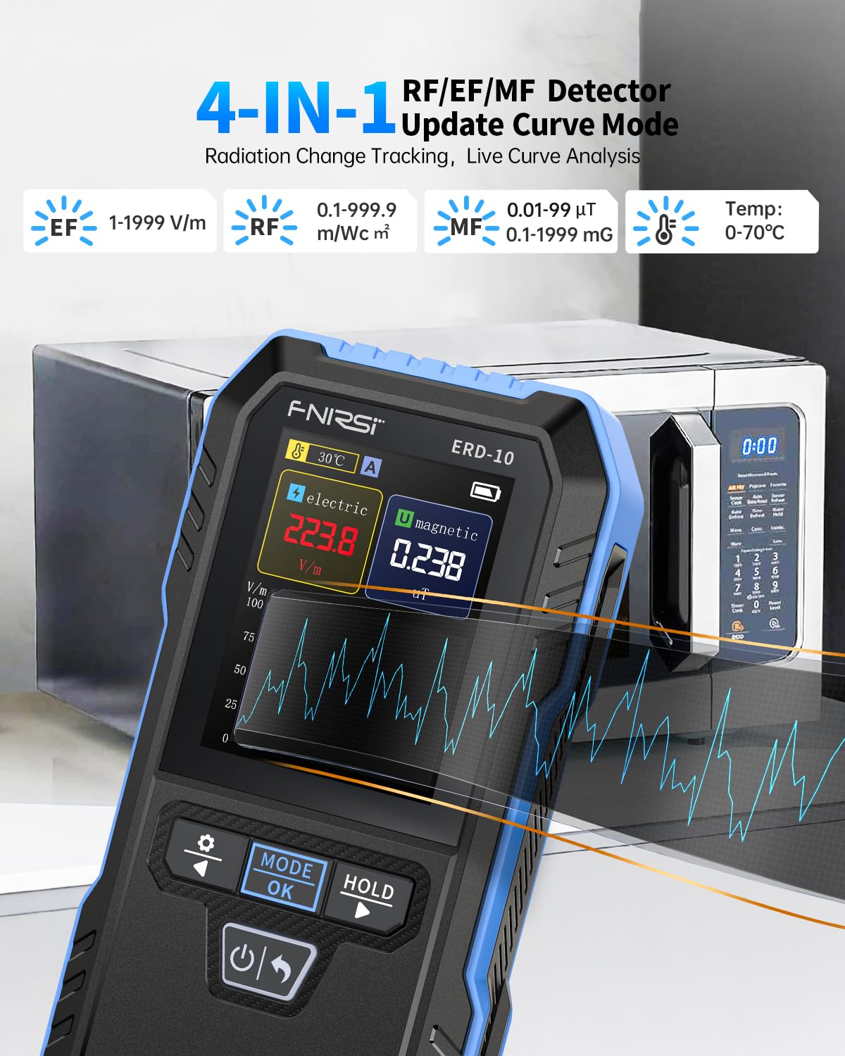 FNIRSI ERD-10 Rilevatore EMF, 4 in 1, misuratore di radiazioni EMF con modalità curva, lettore EMF ricaricabile, rilevatore di radiofrequenza per casa, ufficio, caccia ai fantasmi