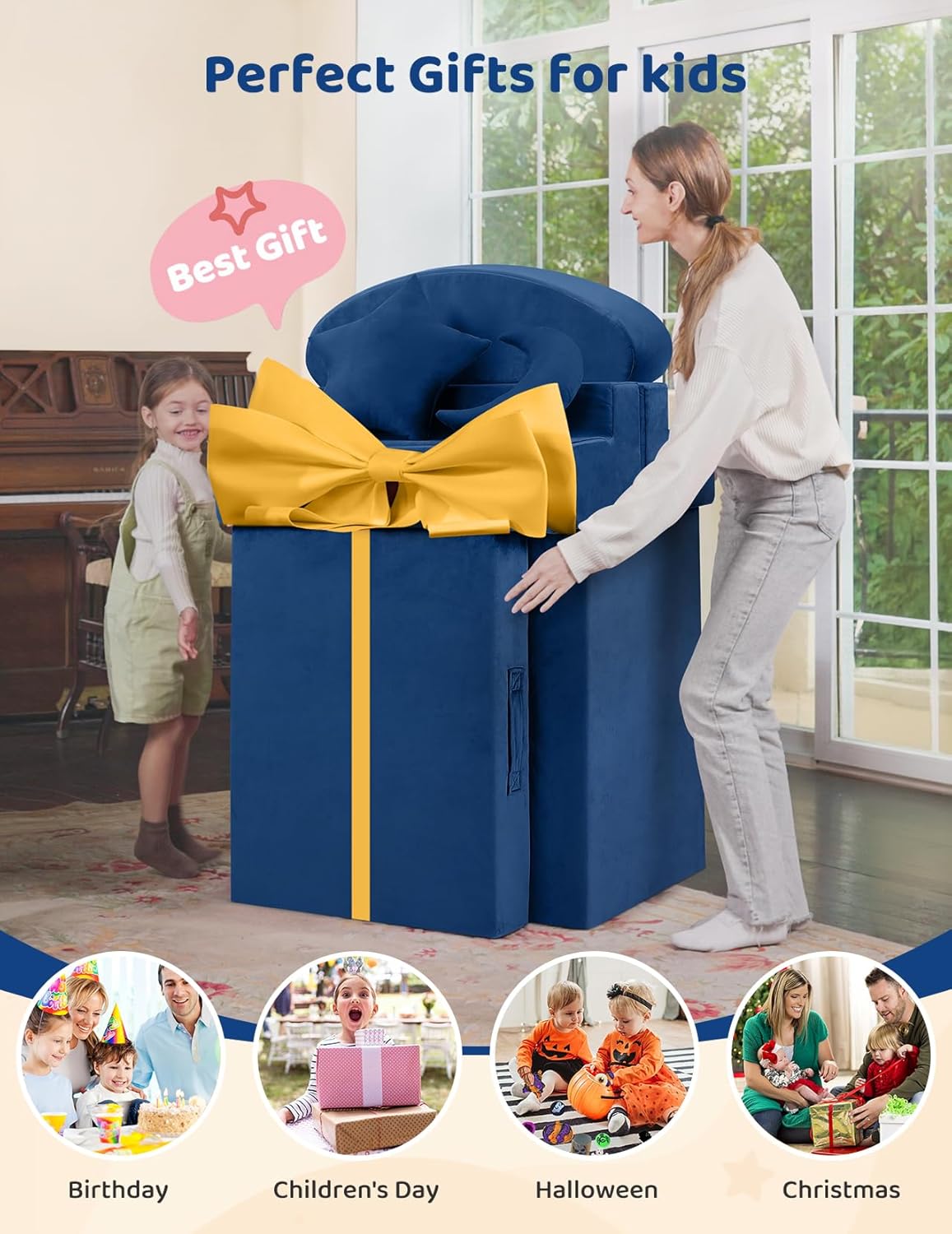 Kidirect Modular Kids Play Couch, K12 PRO 400+DIY Creative Foam Couch for Playroom, Upgraded Convertible Rocking Horse Kids Sofa Building Fort with Star Moon for Toddlers (Blue)
