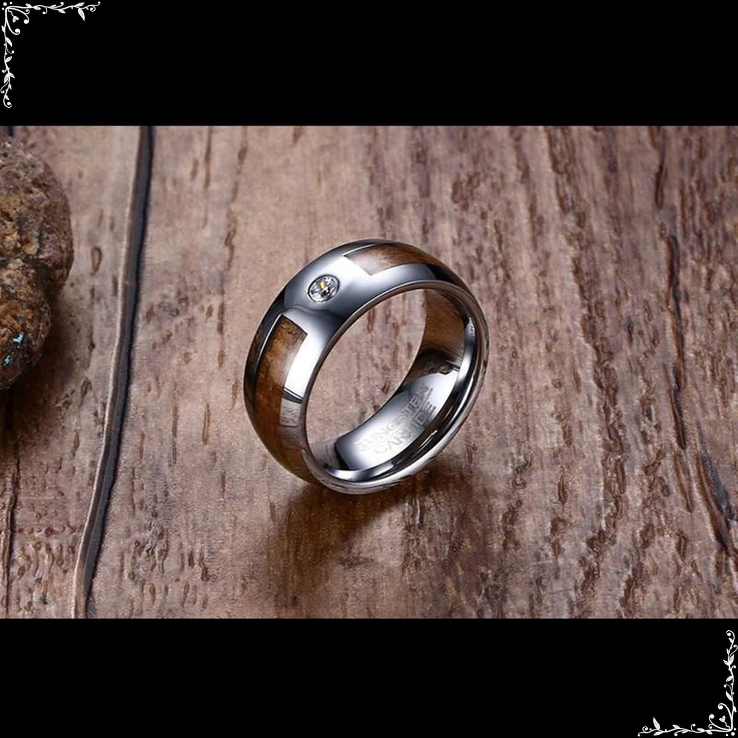 Women Rings Promise, Wood Cubic Zirconia Man Rings, Tungsten Carbide Ring Band for Anniversary