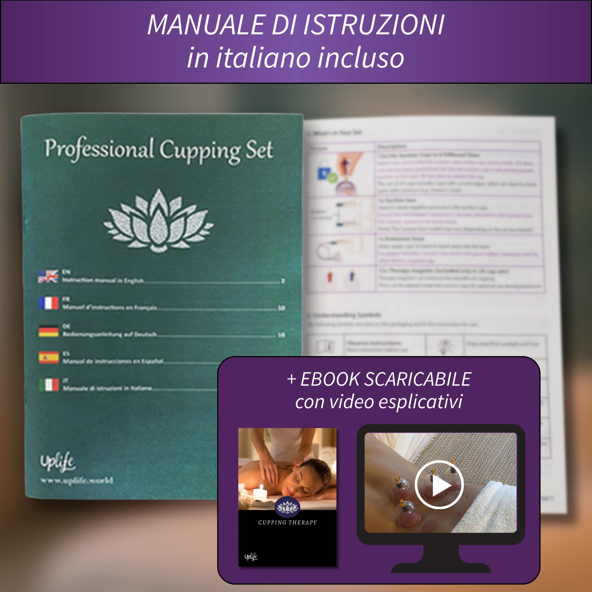 Uplife Set Coppettazione con 24 Coppette Massaggio Schiena - Per Cupping Therapy, Vacuum Terapia. Ventosa per Trattamento Cellulite e Sollievo dai Dolori Muscolari