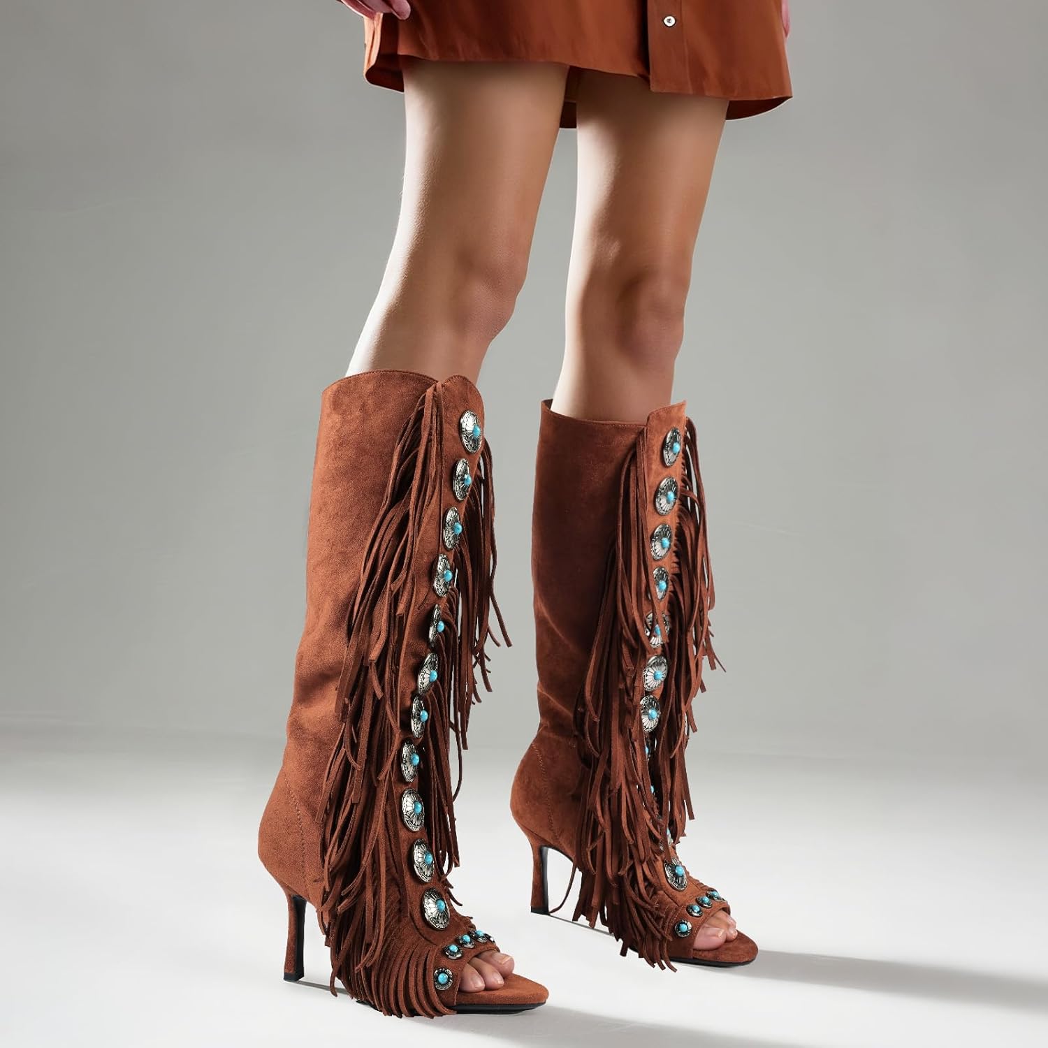 FancyQueen Gladiator Heels Knee High Heels for Women Open Toe Stiletto Suede Fringe Boots Lace up Strappy Peep Toe High Sandal Boots