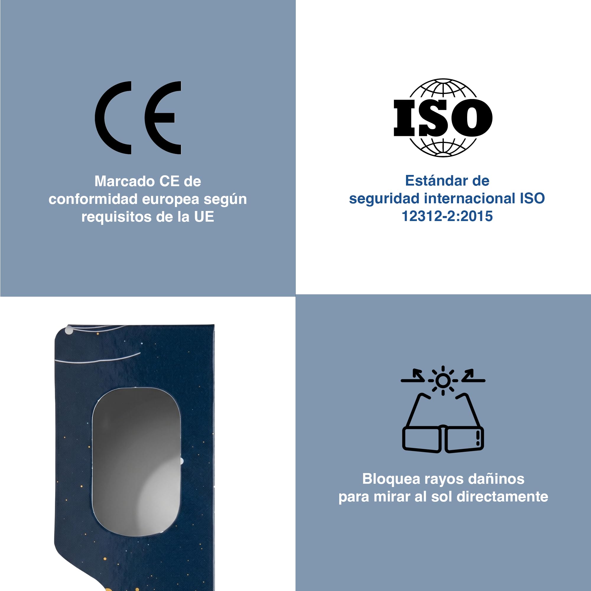 Pack 2/6/12/50, Gafas para eclipse solar, montura 45 mm, se usan sobre la mayoría de gafas de vista, probadas EN ISO 12312-2:2015, marcado CE para observación solar segura – Astro