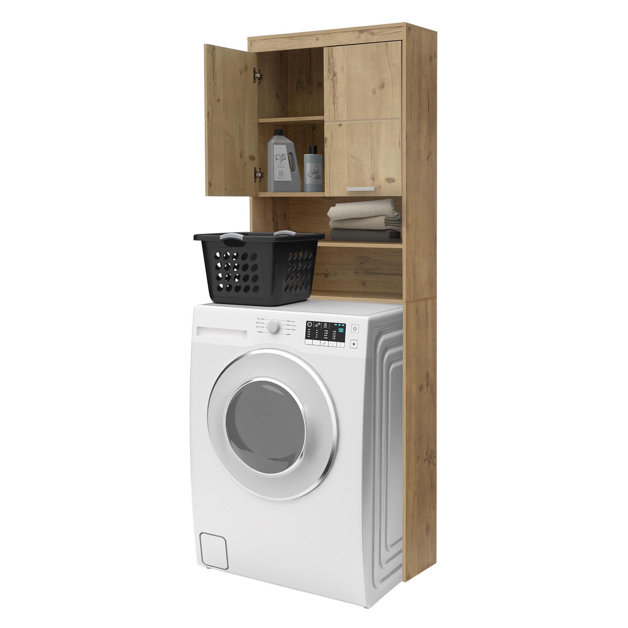 ECD Germany Armario de Lavadora/Secadora Organizador con 2 Puertas y 2 Compartimentos Abiertos 63 x 24 x 187 cm Madera de Roble MDF Mueble De Baño Alto Estantería Moderna Sobrestructura De Lavadora