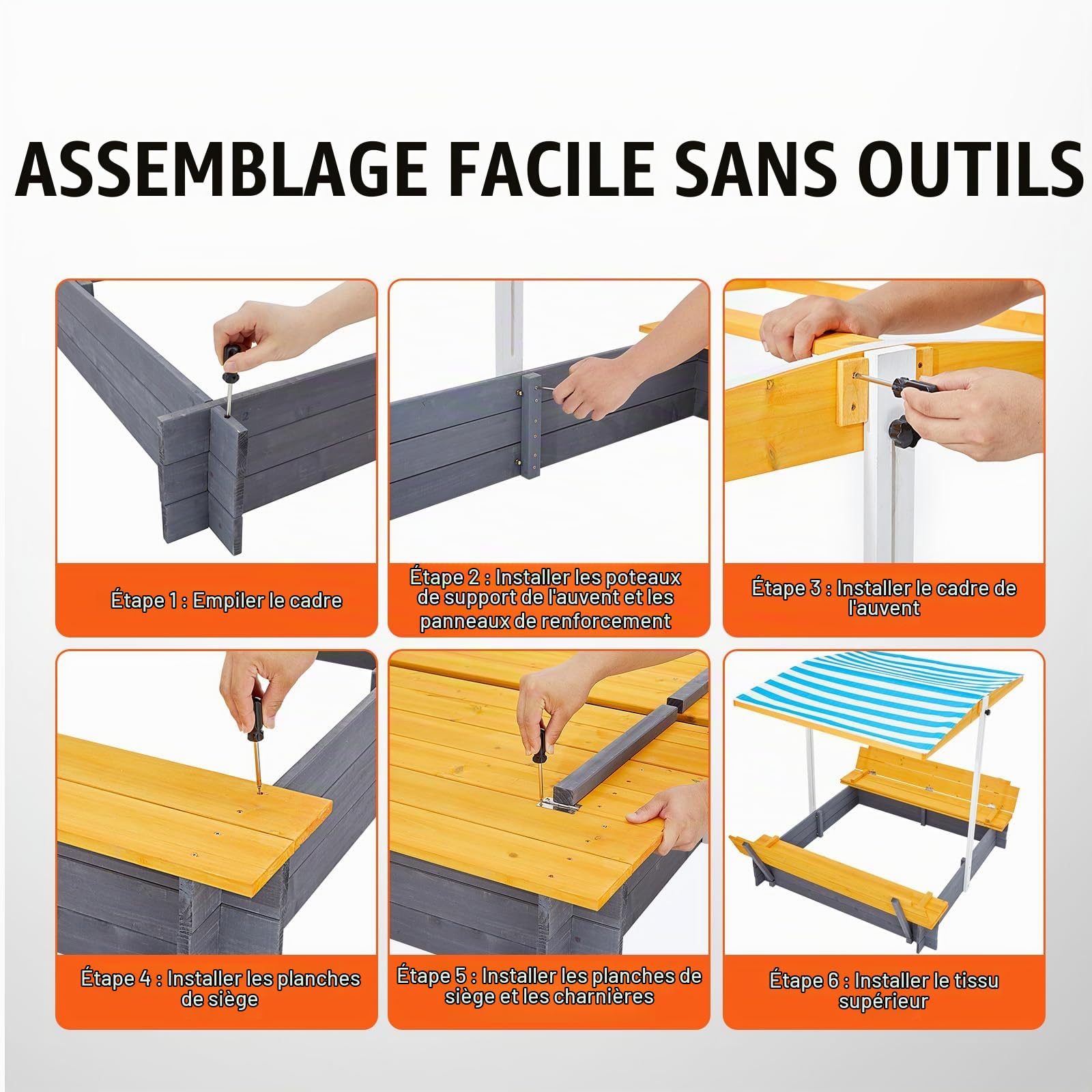 VEVOR Bac à sable en bois naturel avec auvent, 1455 x 1200 x 1200 mm, bac à sable avec banquettes pliables et doublure inférieure, pour jardin extérieur, plage, parc, cadeau pour enfants de 3 à 12 ans