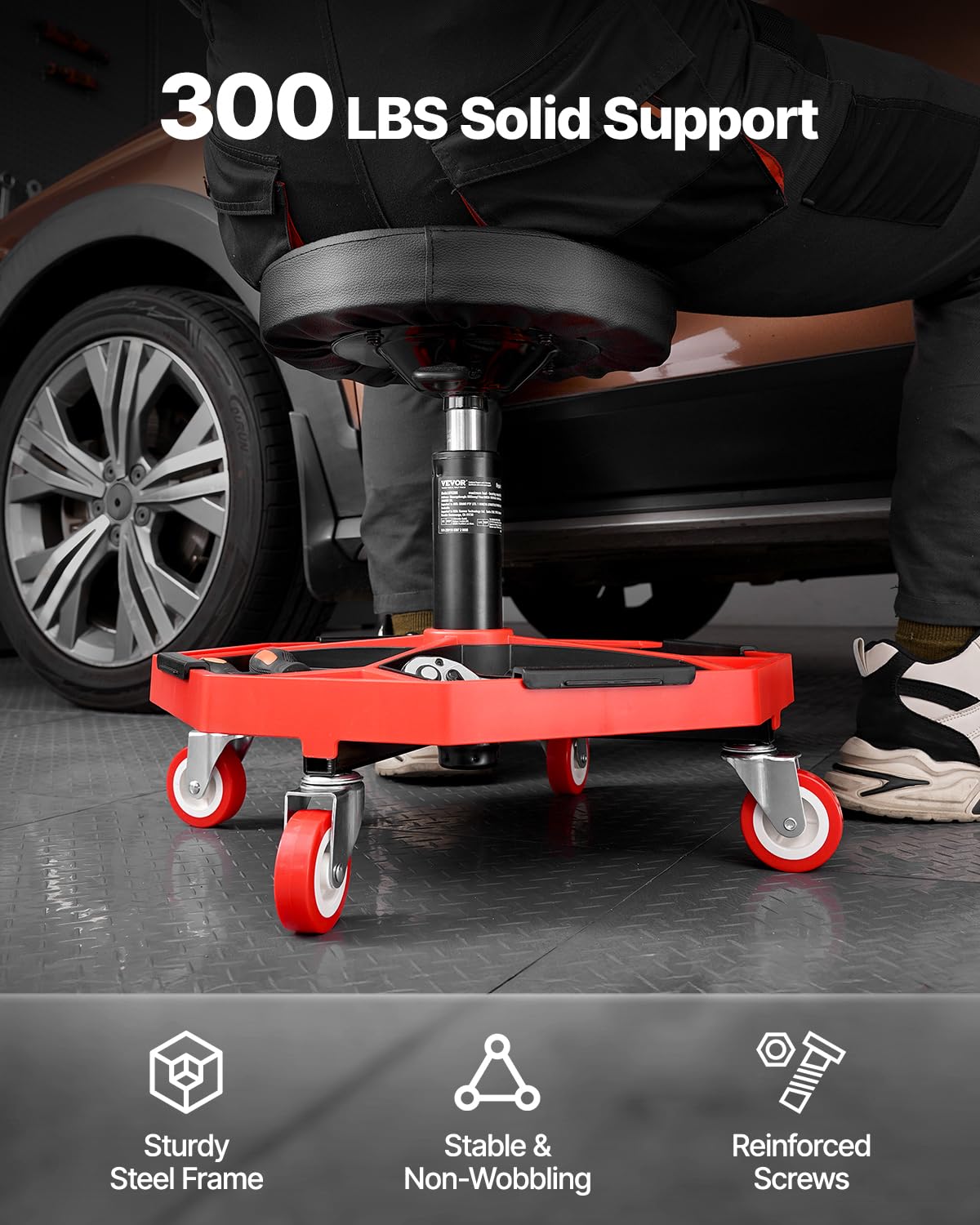 VEVOR Tabouret d'Atelier Mobile, Tabouret de Mécanicien sur roulettes Capacité de Charge 136 kg, Hauteur Réglable, avec Plateaux à Outils, pour Entretien Réparation Automobile Garage, Noir et Rouge
